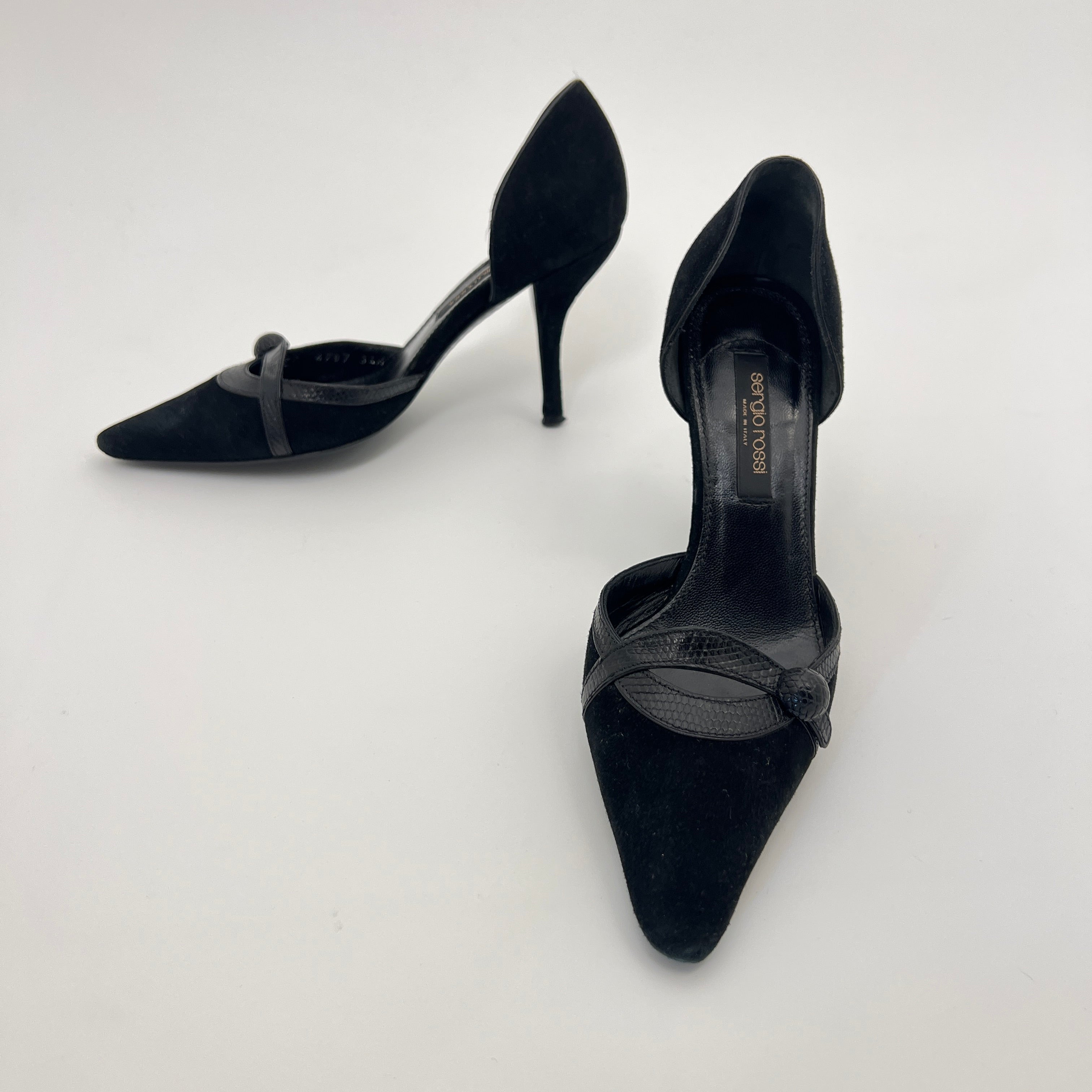 Sergio Rossi | Black Suede Leather Snake Pointed Toe Stiletto D'Orsay  (34.5)