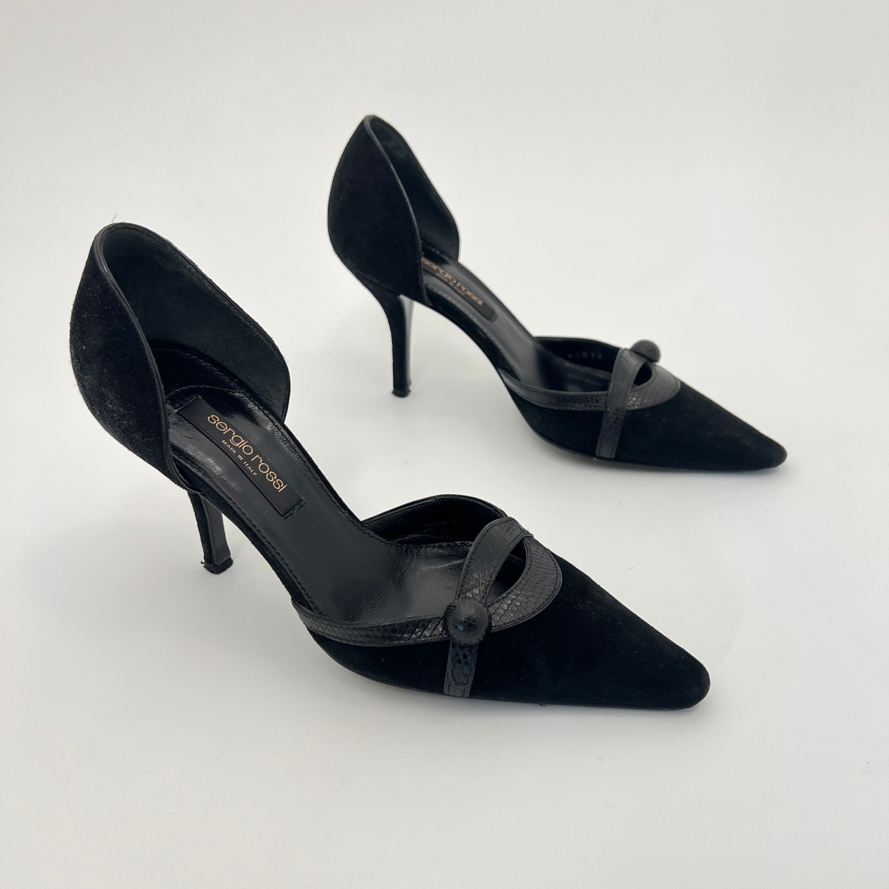 Sergio Rossi | Black Suede Leather Snake Pointed Toe Stiletto D'Orsay  (34.5)