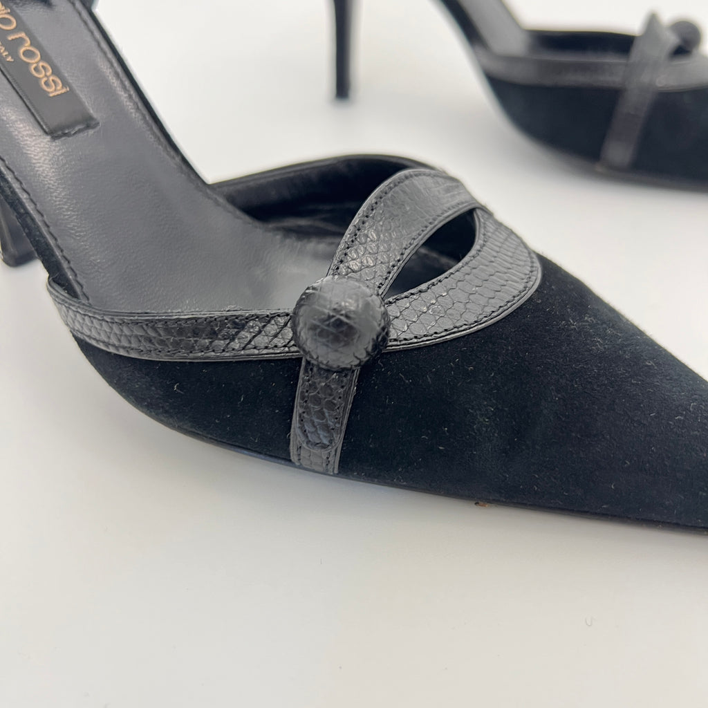 Sergio Rossi | Black Suede Leather Snake Pointed Toe Stiletto D'Orsay  (34.5)