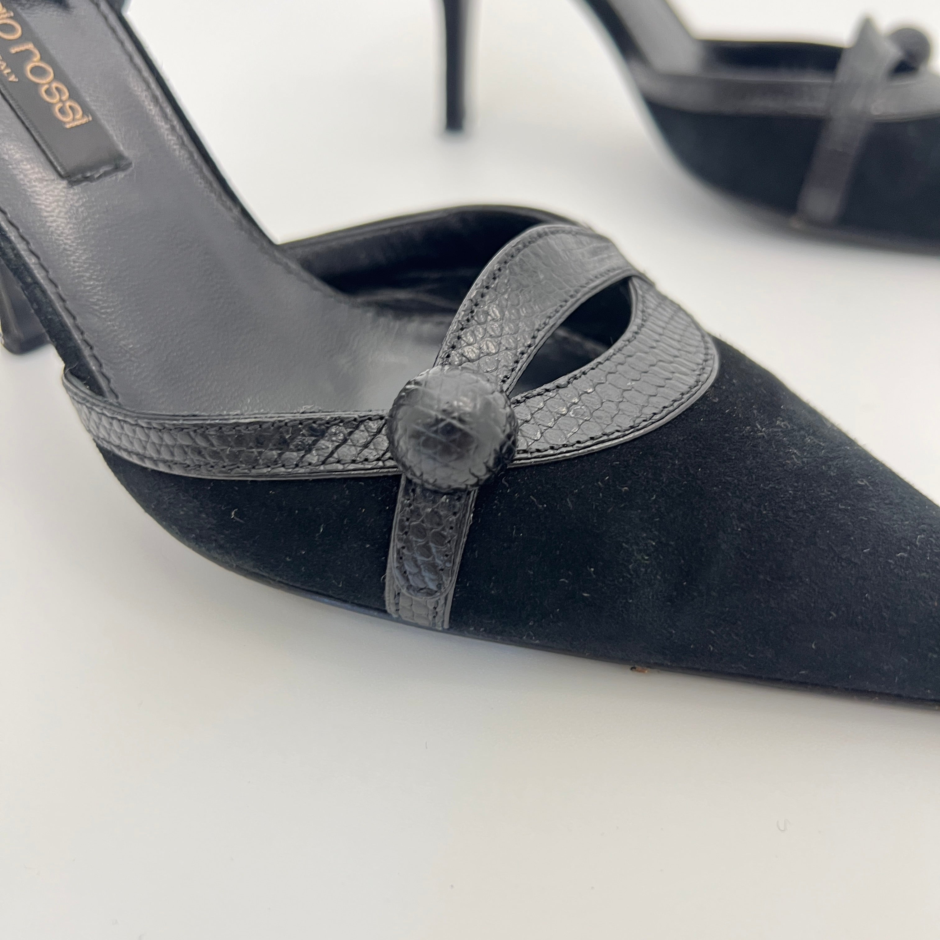 Sergio Rossi | Black Suede Leather Snake Pointed Toe Stiletto D'Orsay  (34.5)