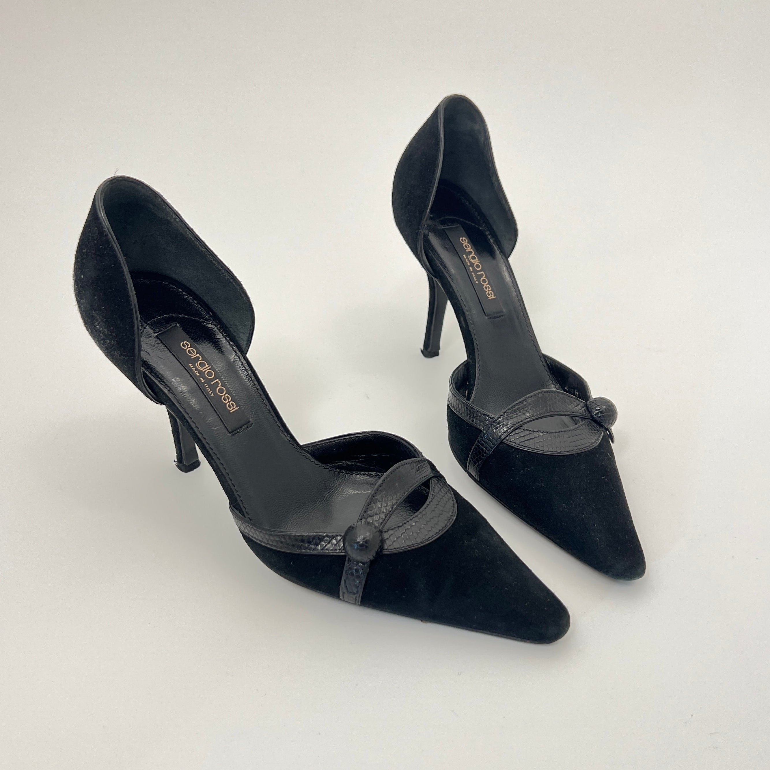 Sergio Rossi | Black Suede Leather Snake Pointed Toe Stiletto D'Orsay  (34.5)