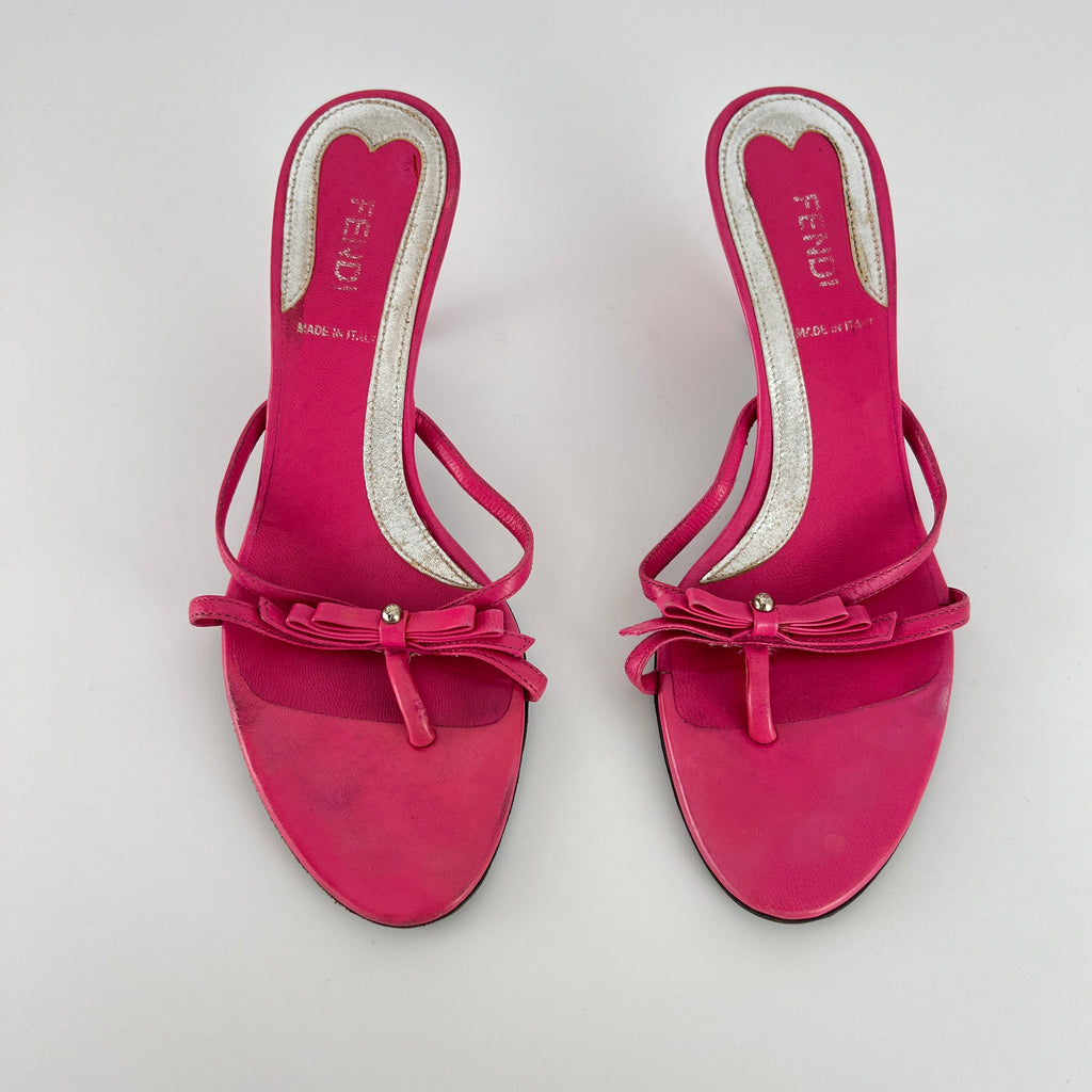 Fendi | Vintage Pink Leather Ribbon Bow Strappy Thong Kitten Heel Mules (36)