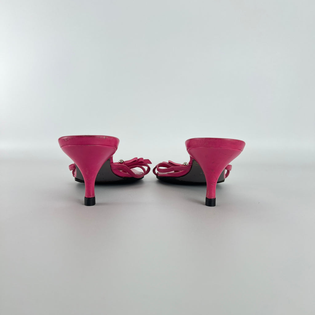 Fendi | Vintage Pink Leather Ribbon Bow Strappy Thong Kitten Heel Mules (36)