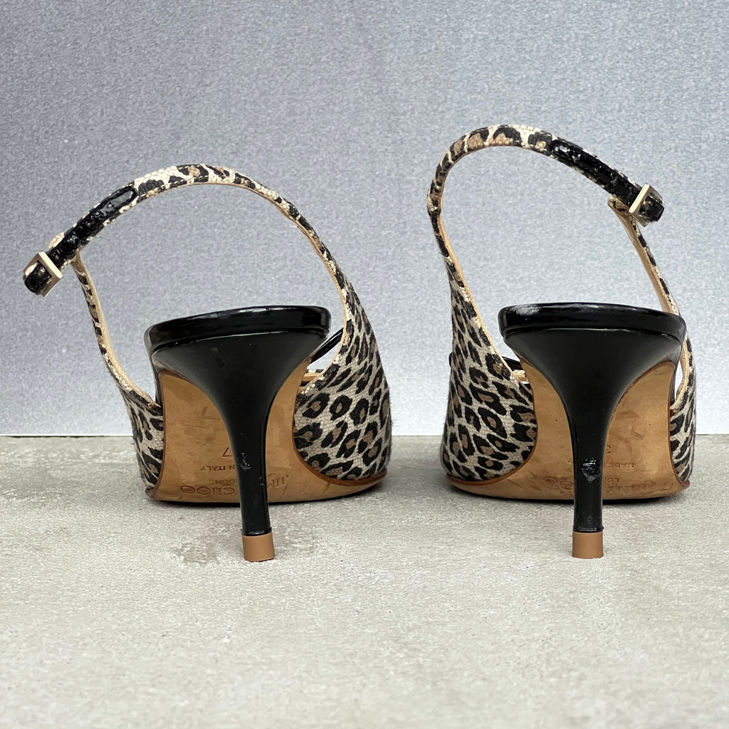 Jimmy Choo | Leopard Print Black Leather Bow Pointed Slingback Heels (37)