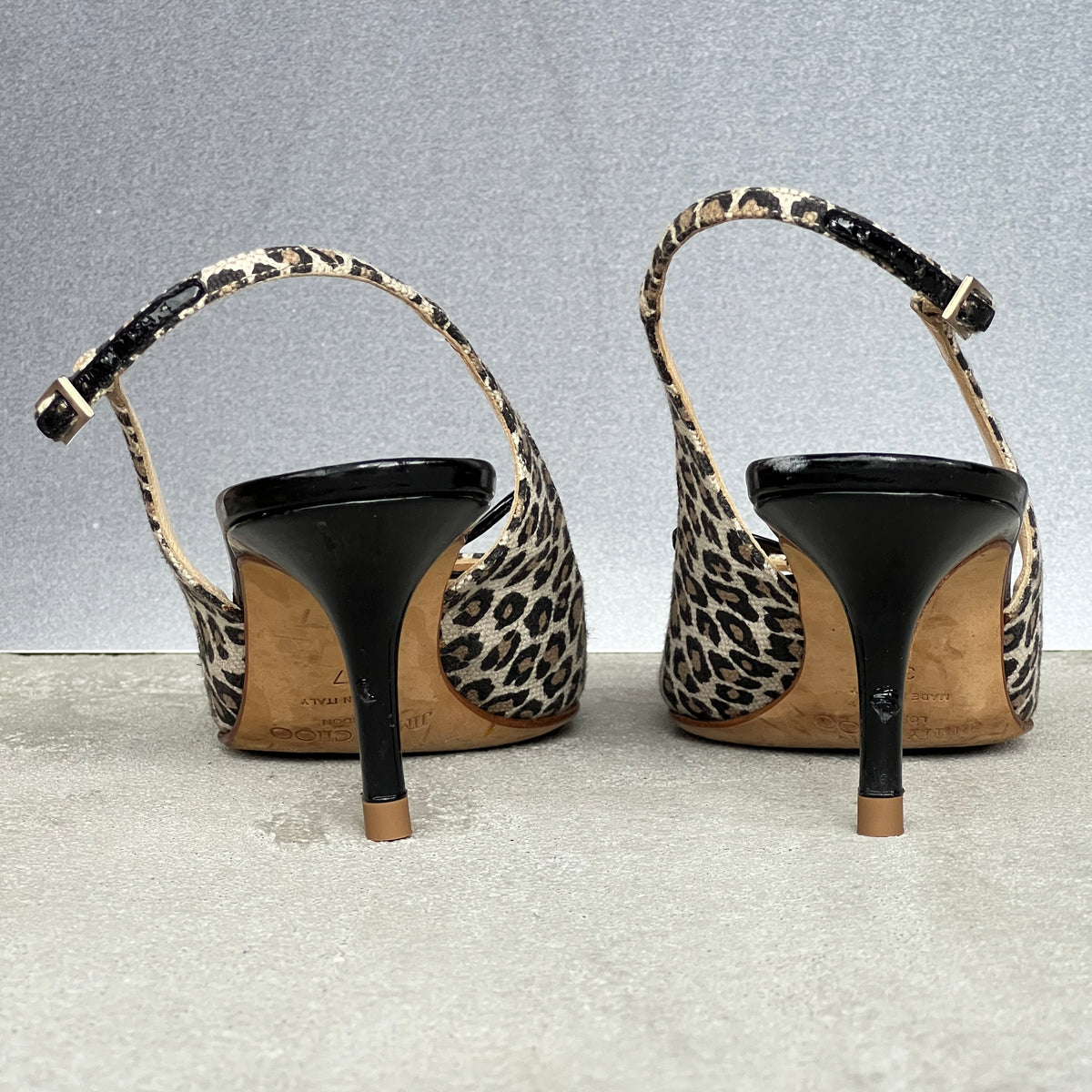 Jimmy Choo | Leopard Print Black Leather Bow Pointed Slingback Heels (37)