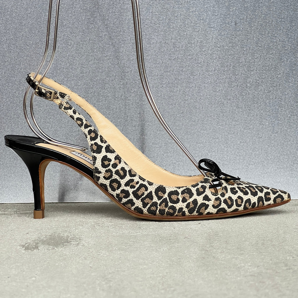 Jimmy Choo | Leopard Print Black Leather Bow Pointed Slingback Heels (37)