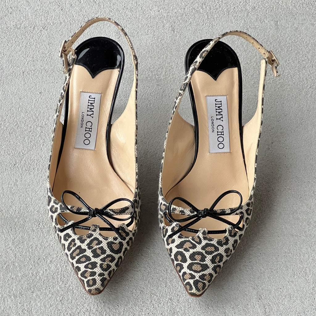 Jimmy Choo | Leopard Print Black Leather Bow Pointed Slingback Heels (37)