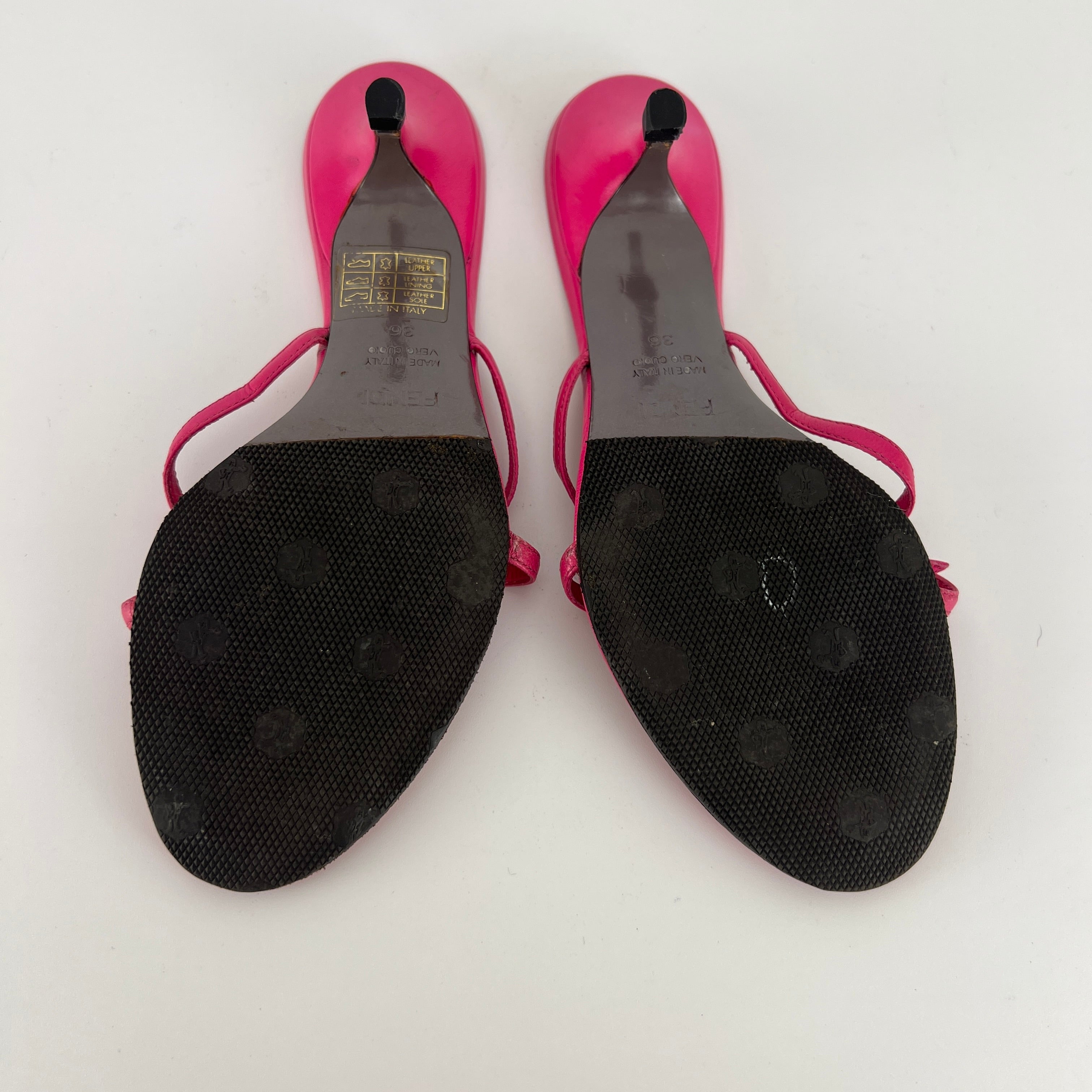 Fendi | Vintage Pink Leather Ribbon Bow Strappy Thong Kitten Heel Mules (36)