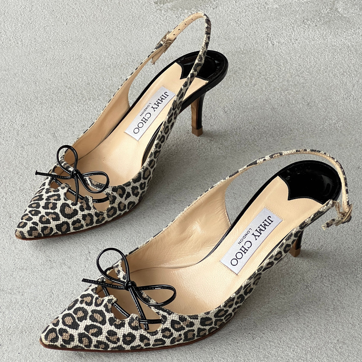 Jimmy Choo | Leopard Print Black Leather Bow Pointed Slingback Heels (37)