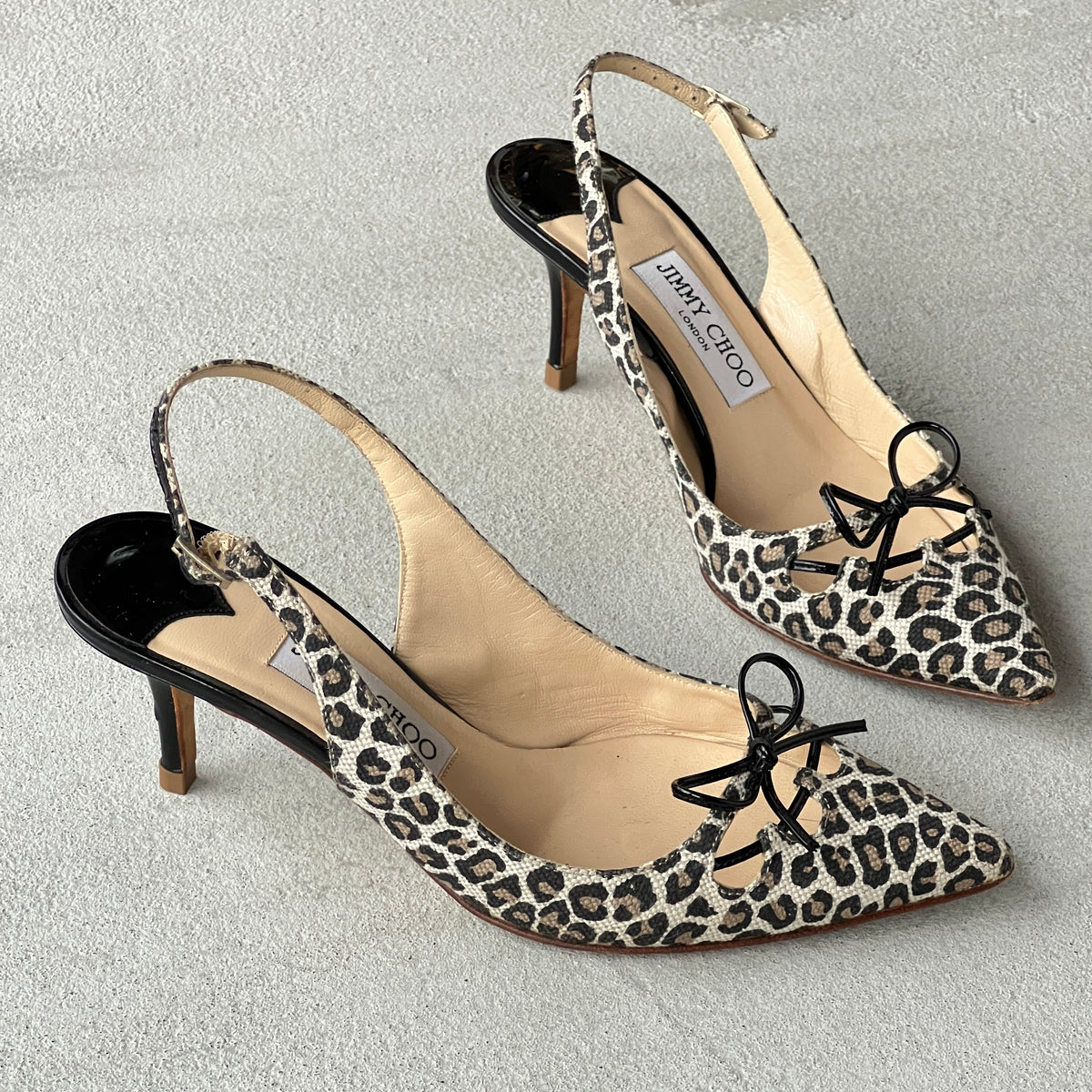 Jimmy Choo | Leopard Print Black Leather Bow Pointed Slingback Heels (37)