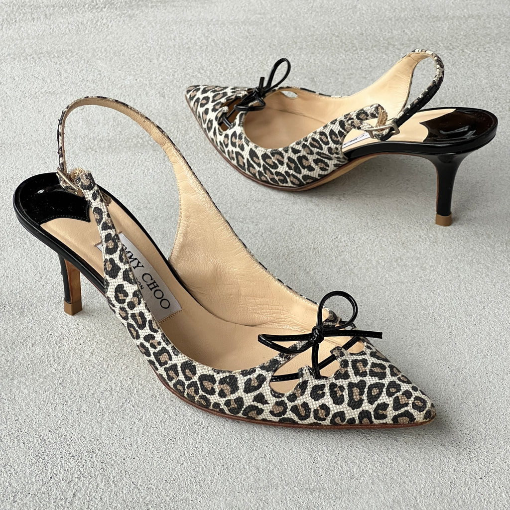Jimmy Choo | Leopard Print Black Leather Bow Pointed Slingback Heels (37)