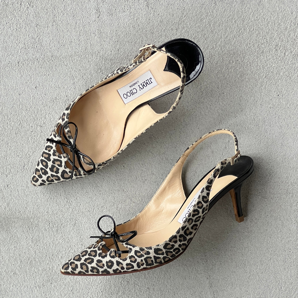 Jimmy Choo | Leopard Print Black Leather Bow Pointed Slingback Heels (37)