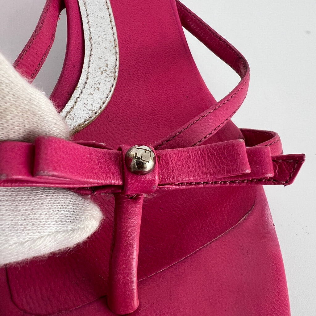 Fendi | Vintage Pink Leather Ribbon Bow Strappy Thong Kitten Heel Mules (36)
