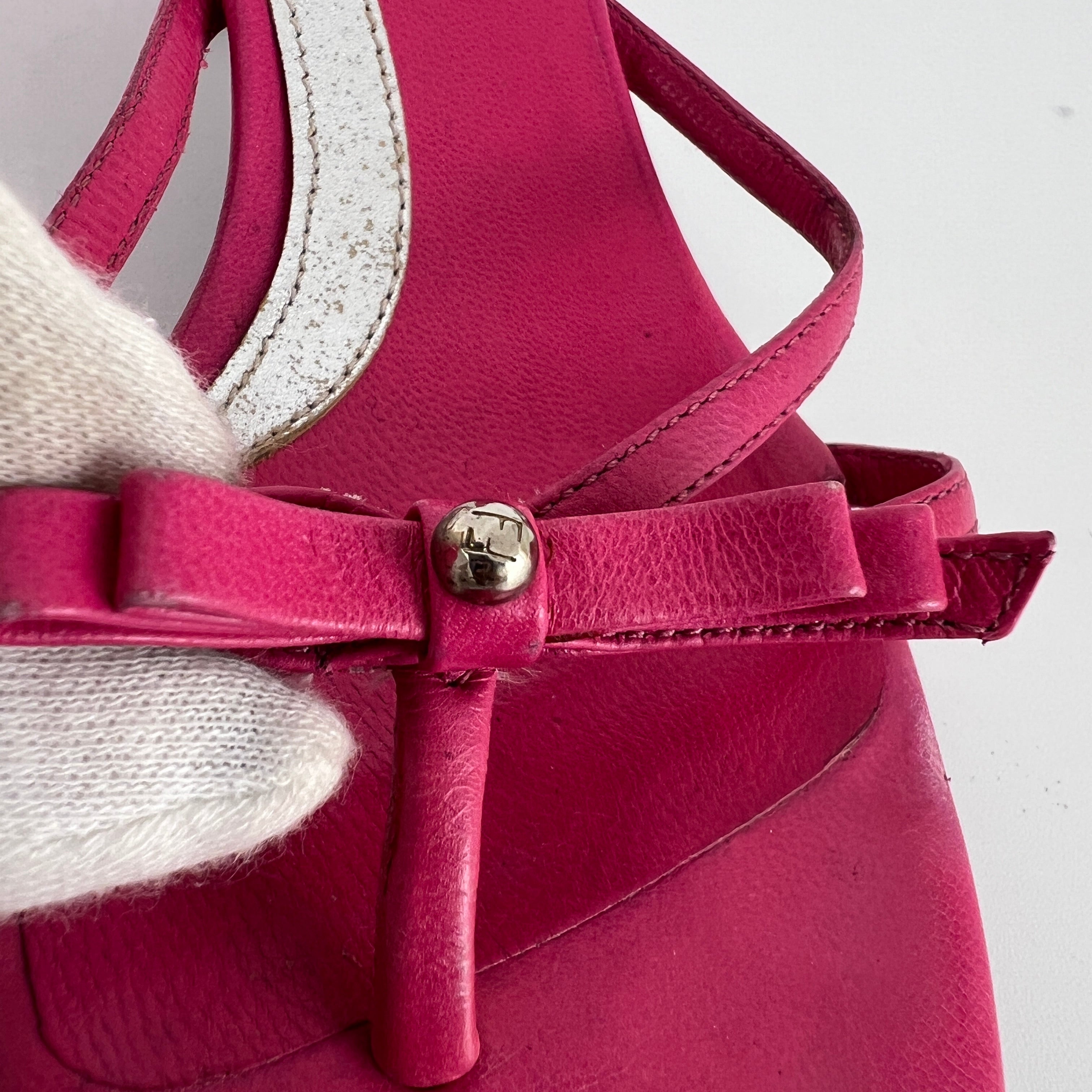 Fendi | Vintage Pink Leather Ribbon Bow Strappy Thong Kitten Heel Mules (36)