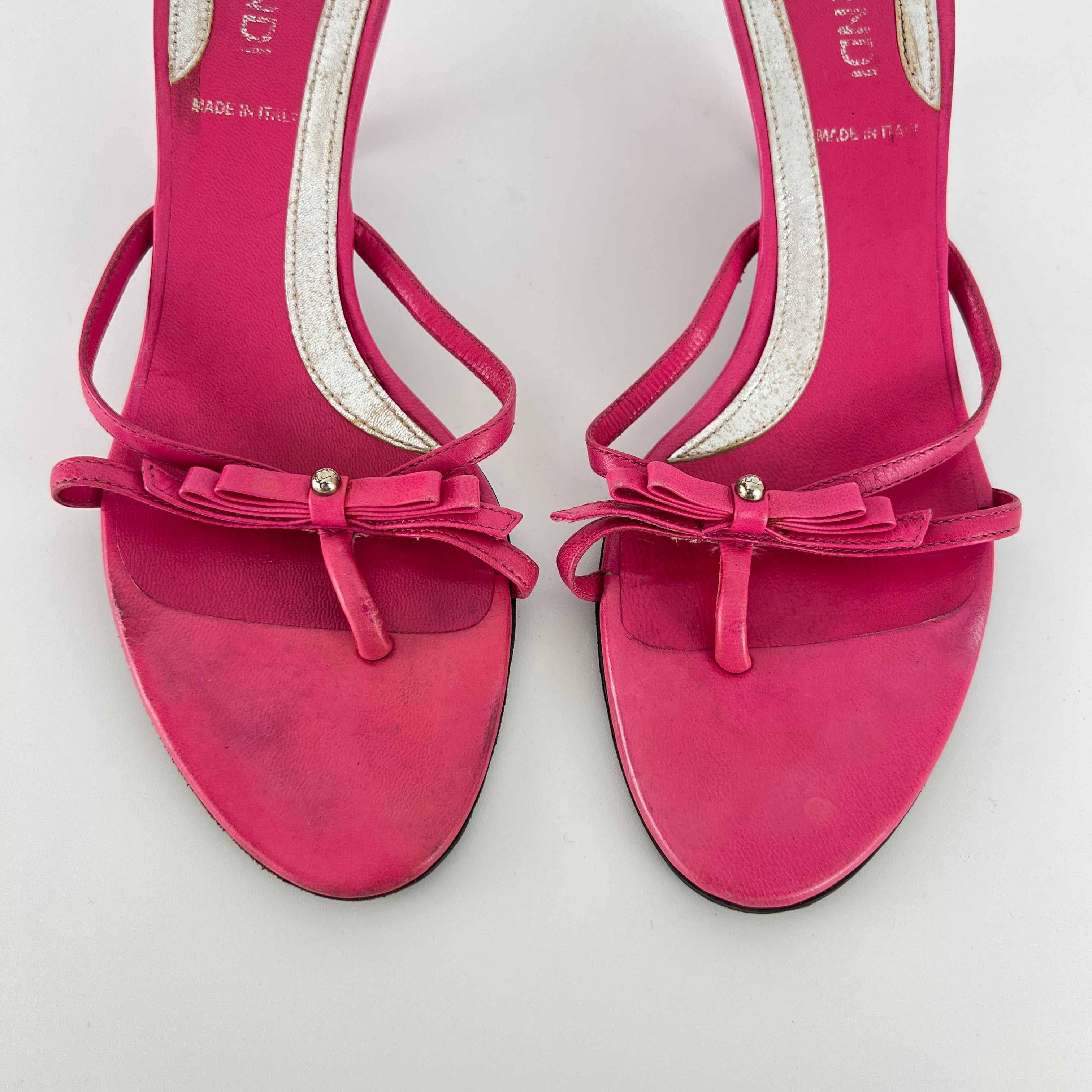 Fendi | Vintage Pink Leather Ribbon Bow Strappy Thong Kitten Heel Mules (36)