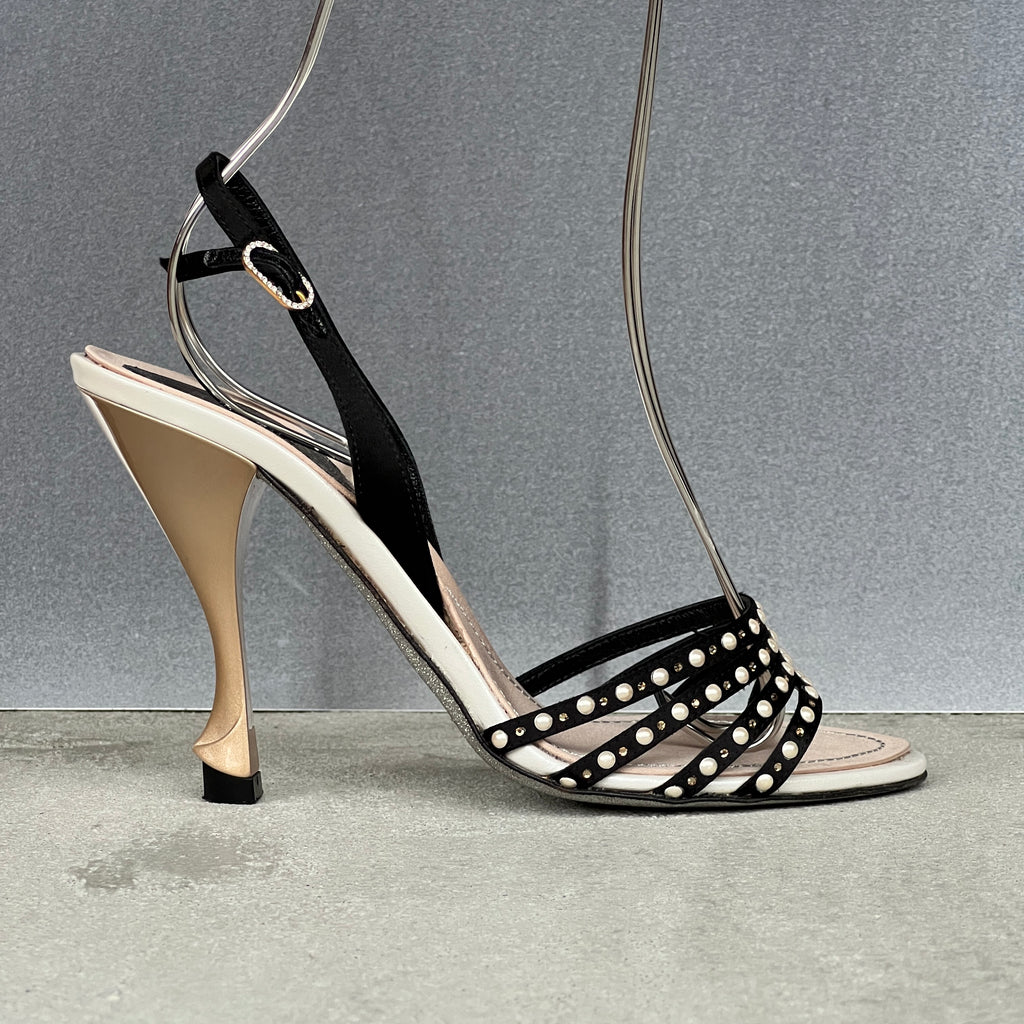 Rene Caovilla | Pearl Rhinestone Black Leather Slingback Heels Rare (36.5)