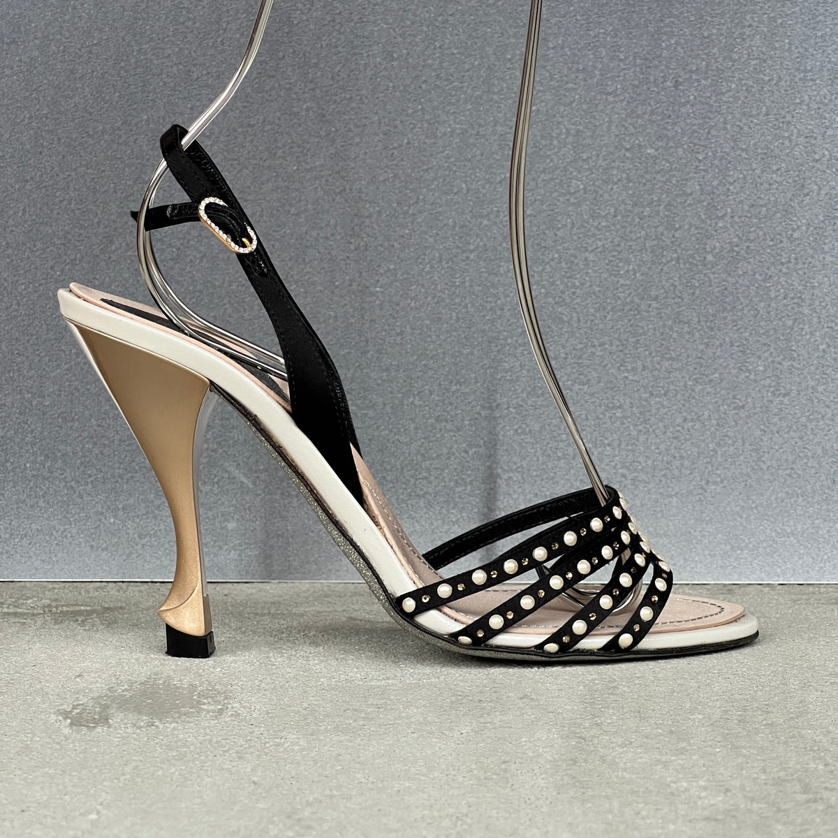 Rene Caovilla | Pearl Rhinestone Black Leather Slingback Heels Rare (36.5)