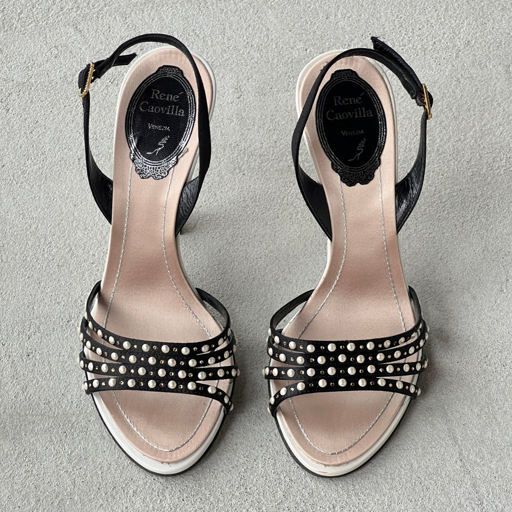Rene Caovilla | Pearl Rhinestone Black Leather Slingback Heels Rare (36.5)