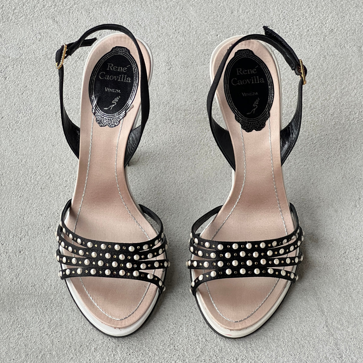 Rene Caovilla | Pearl Rhinestone Black Leather Slingback Heels Rare (36.5)
