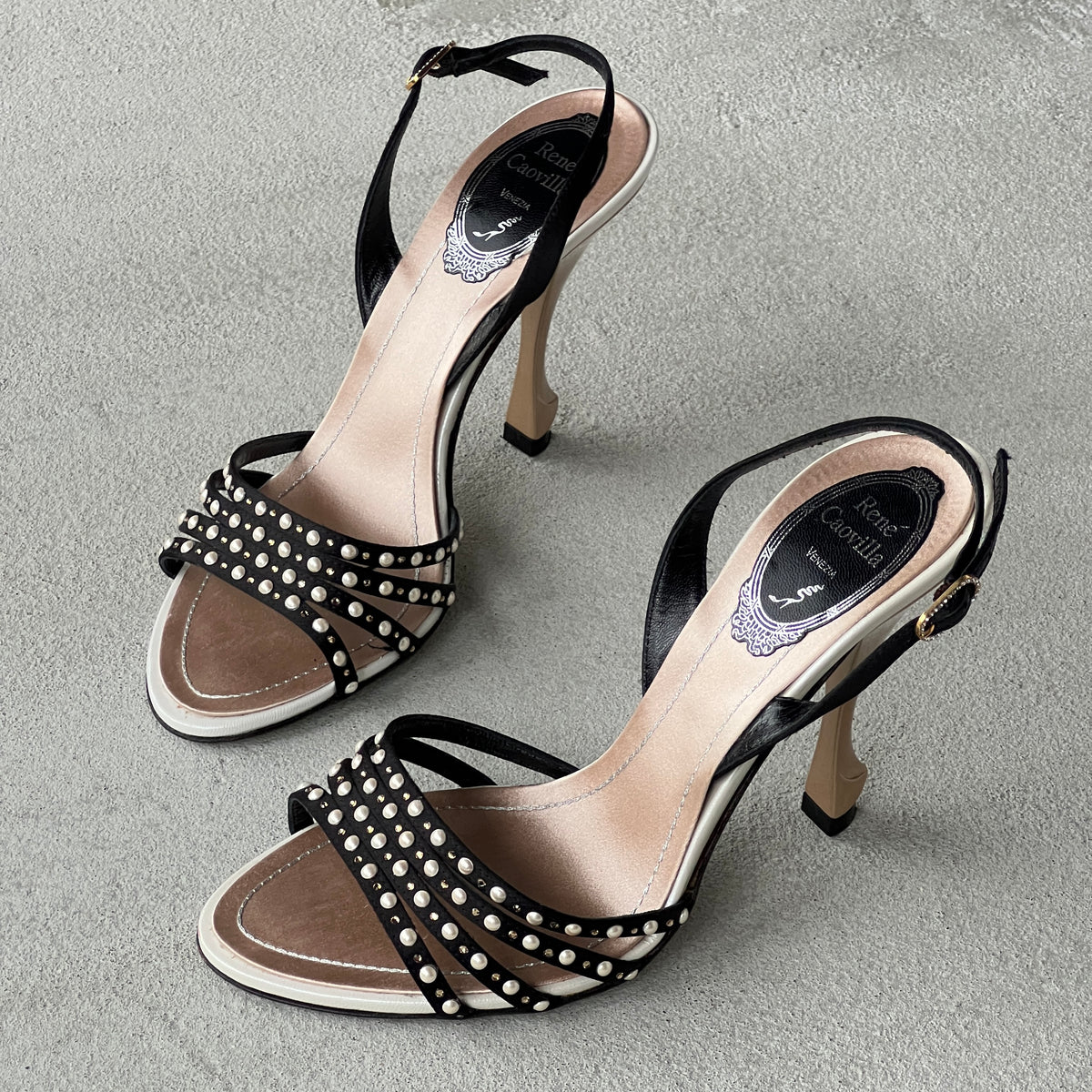 Rene Caovilla | Pearl Rhinestone Black Leather Slingback Heels Rare (36.5)