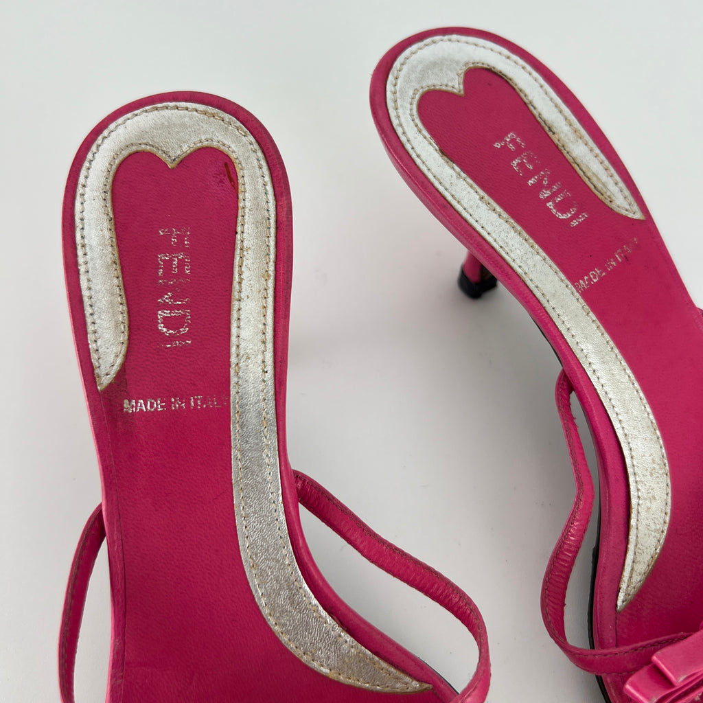 Fendi | Vintage Pink Leather Ribbon Bow Strappy Thong Kitten Heel Mules (36)