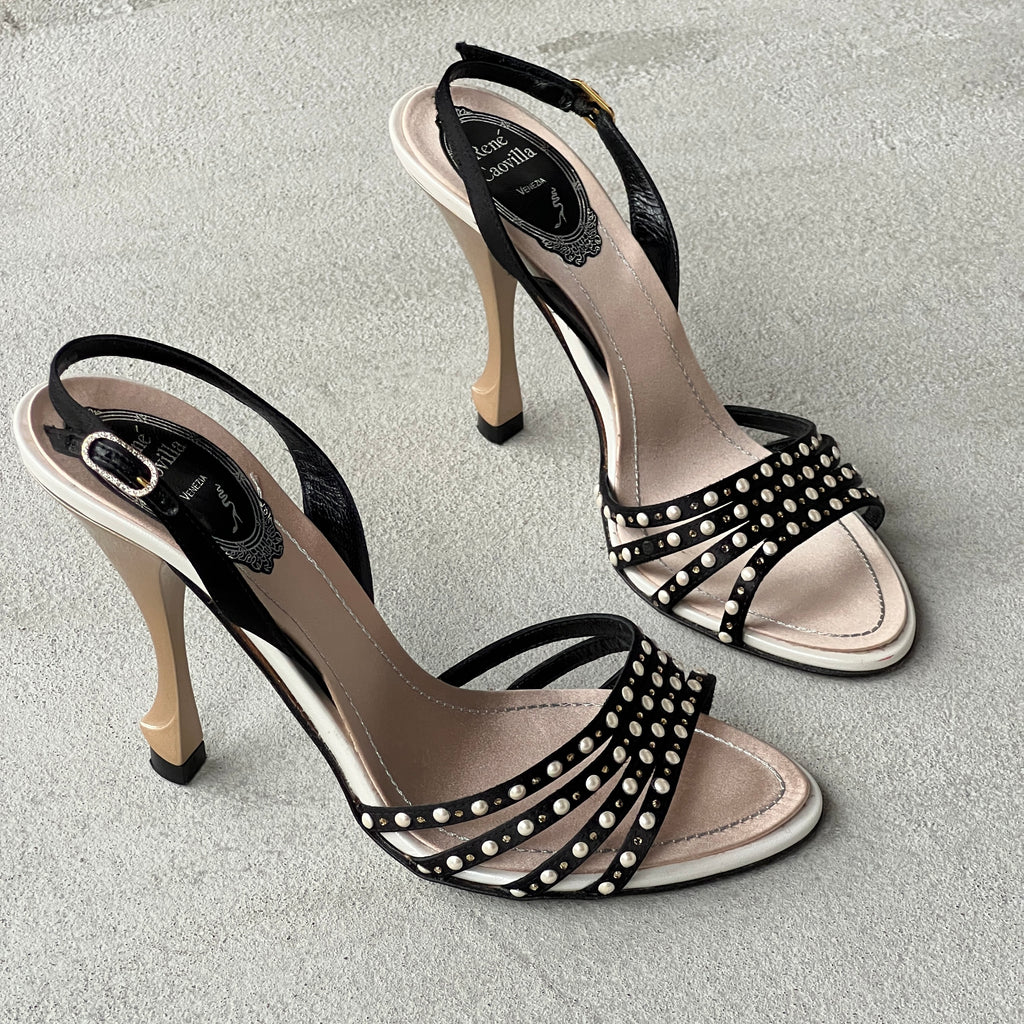 Rene Caovilla | Pearl Rhinestone Black Leather Slingback Heels Rare (36.5)