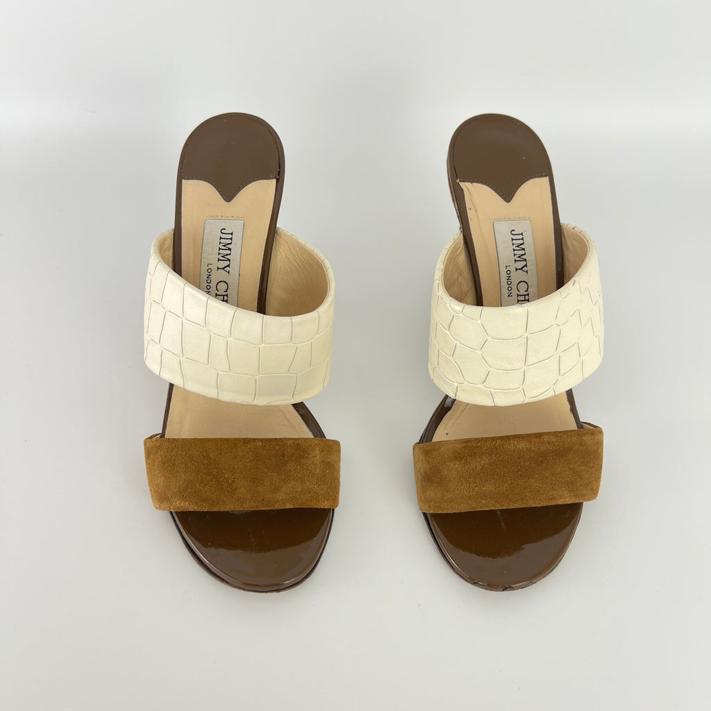 Jimmy Choo | White Croc Embossed Brown Suede Leather Wedge Sandal Heels (36)