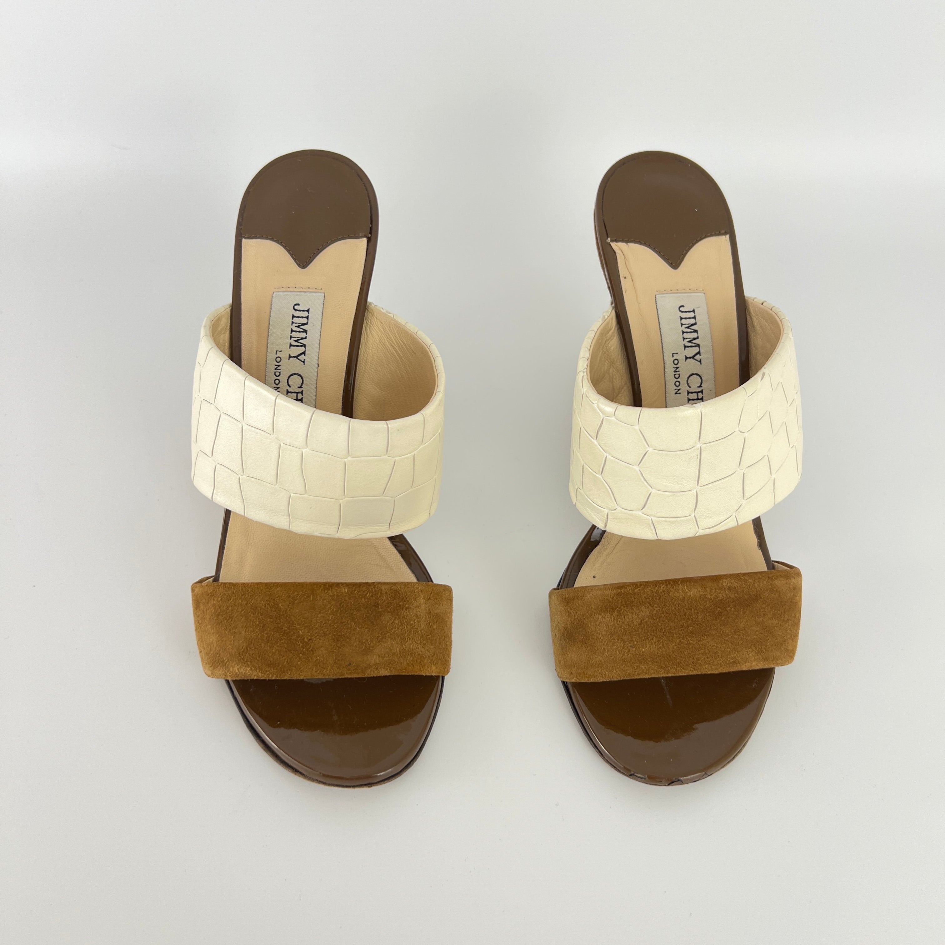 Jimmy Choo | White Croc Embossed Brown Suede Leather Wedge Sandal Heels (36)