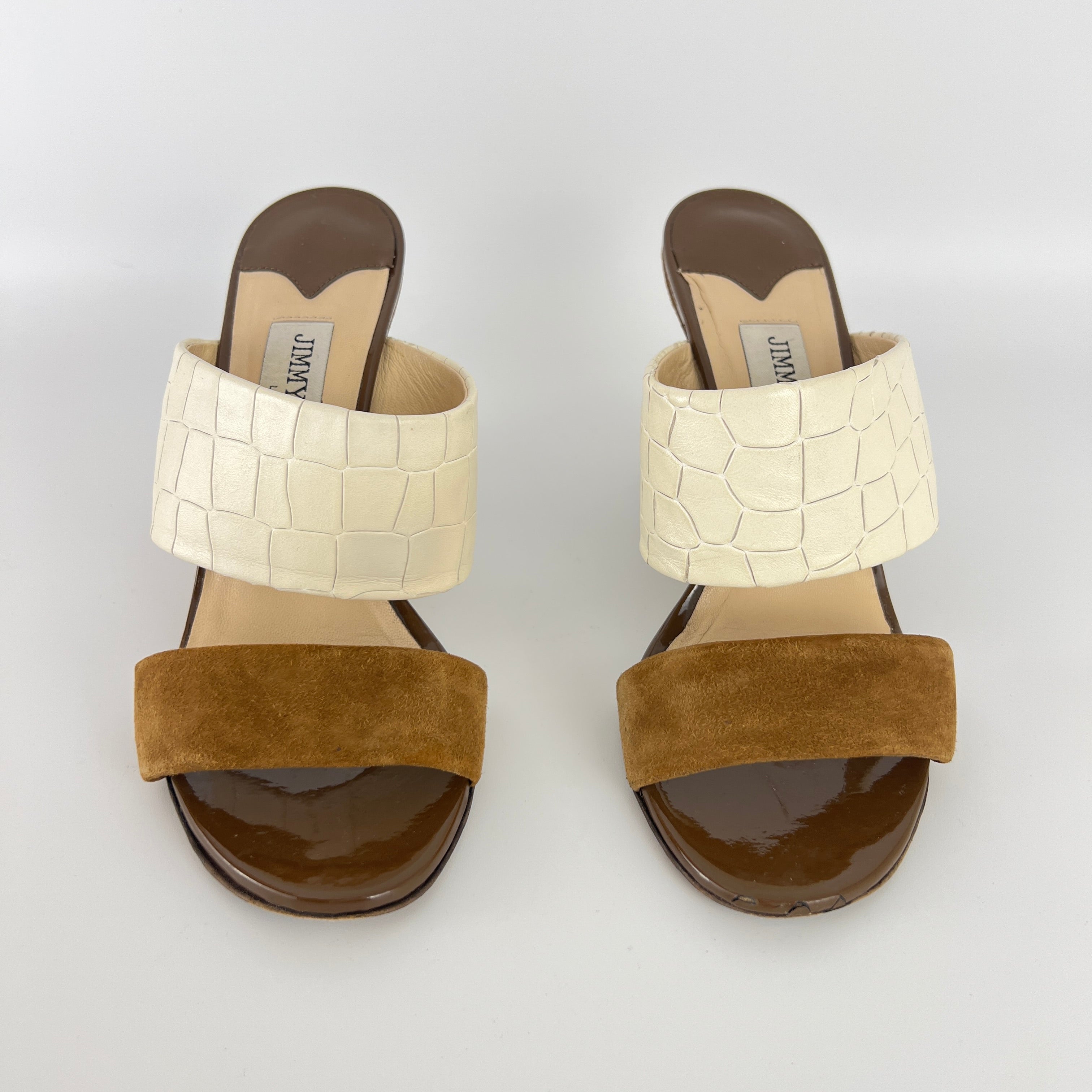 Jimmy Choo | White Croc Embossed Brown Suede Leather Wedge Sandal Heels (36)