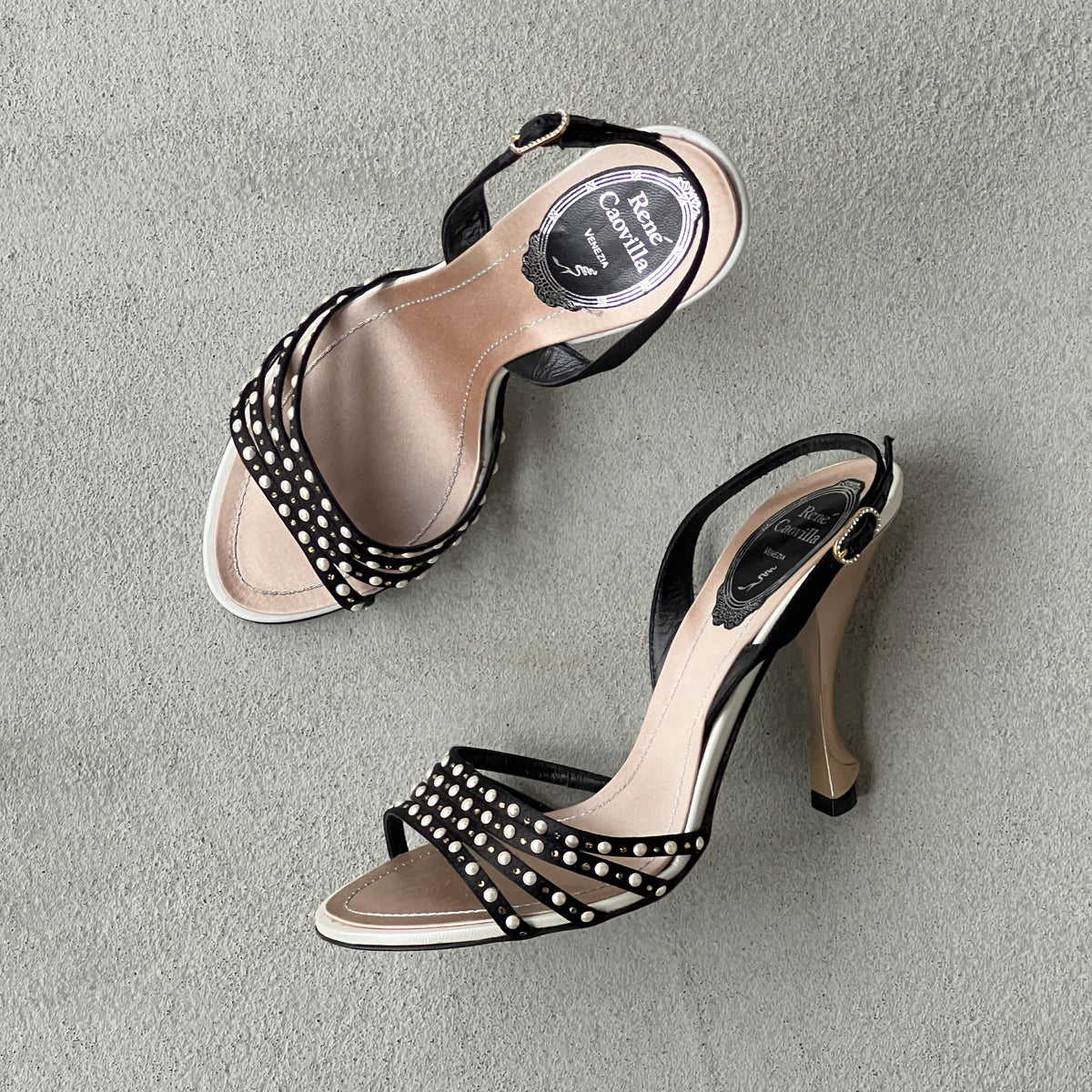 Rene Caovilla | Pearl Rhinestone Black Leather Slingback Heels Rare (36.5)