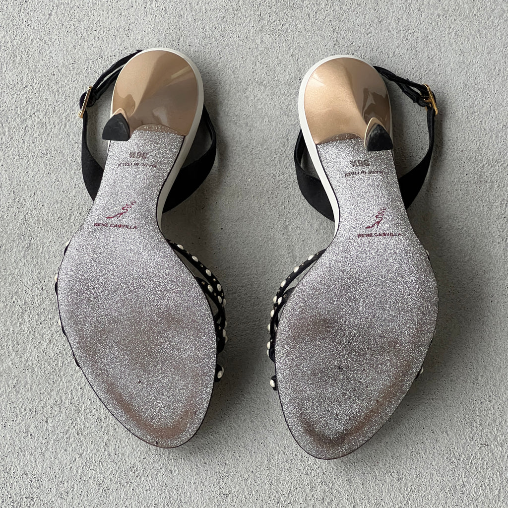 Rene Caovilla | Pearl Rhinestone Black Leather Slingback Heels Rare (36.5)