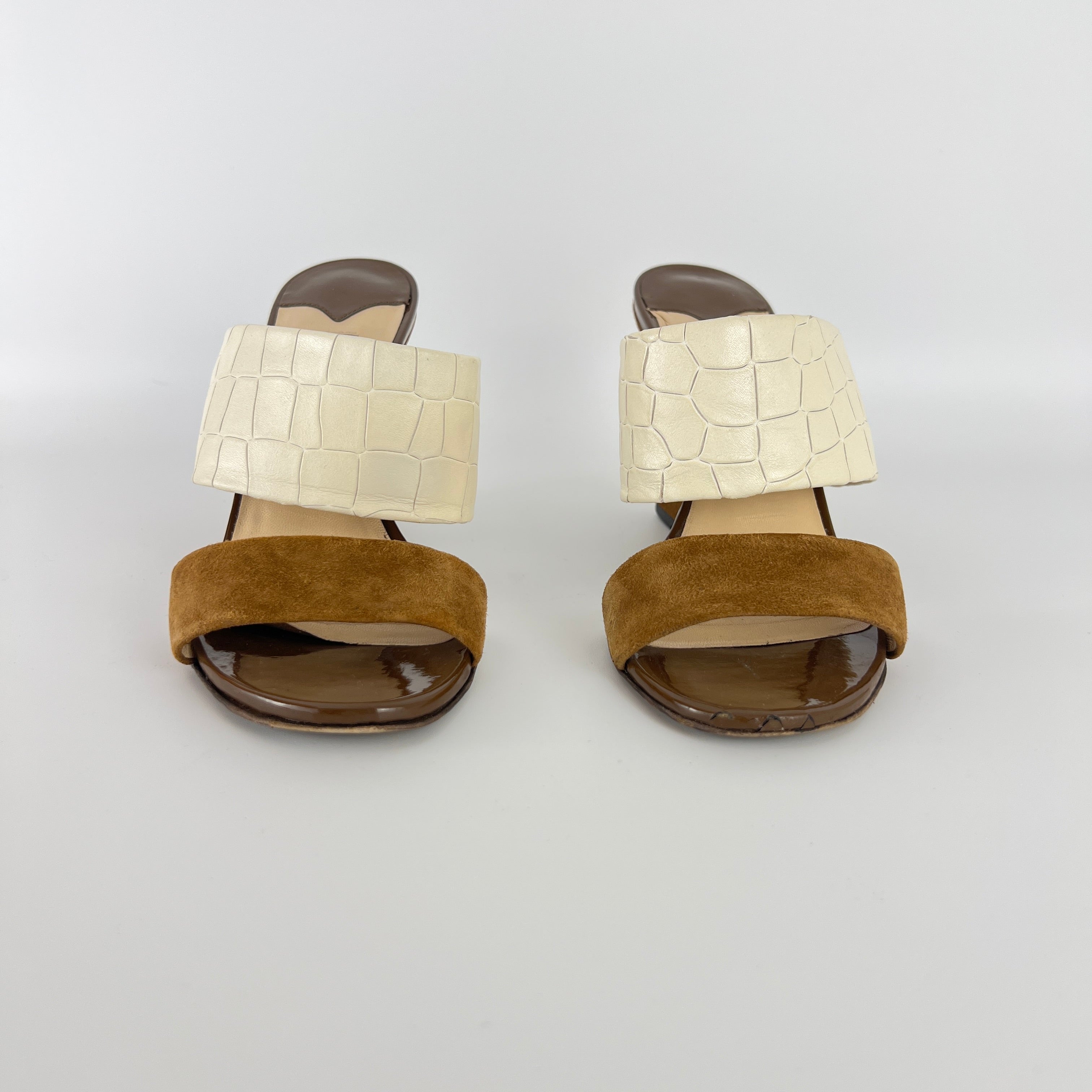 Jimmy Choo | White Croc Embossed Brown Suede Leather Wedge Sandal Heels (36)