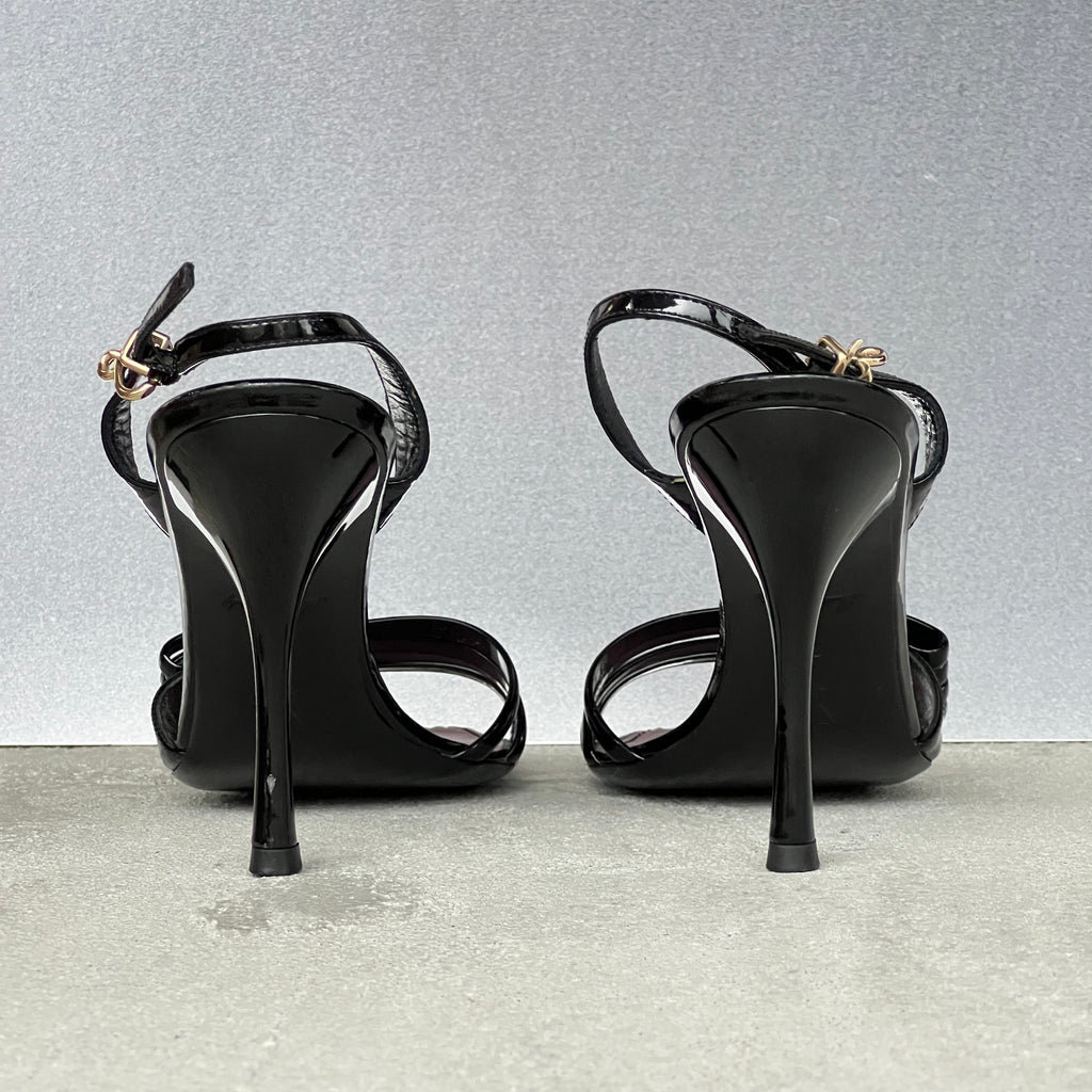 Louis Vuitton | Black Patent Leather Metal Logo Plate Strappy Slingback Heels (36)
