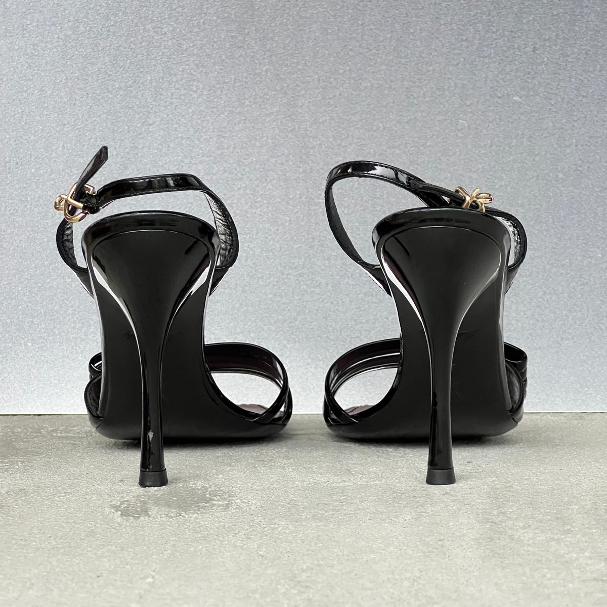 Louis Vuitton | Black Patent Leather Metal Logo Plate Strappy Slingback Heels (36)