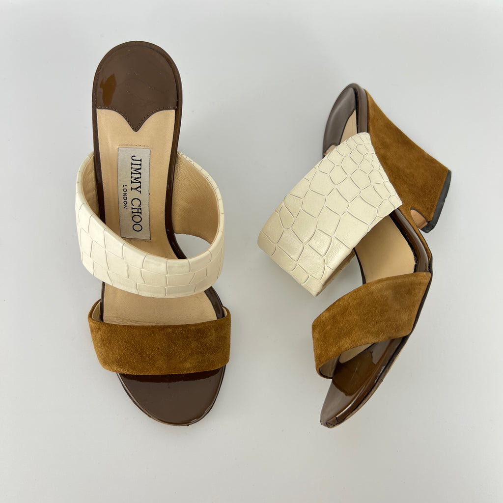 Jimmy Choo | White Croc Embossed Brown Suede Leather Wedge Sandal Heels (36)
