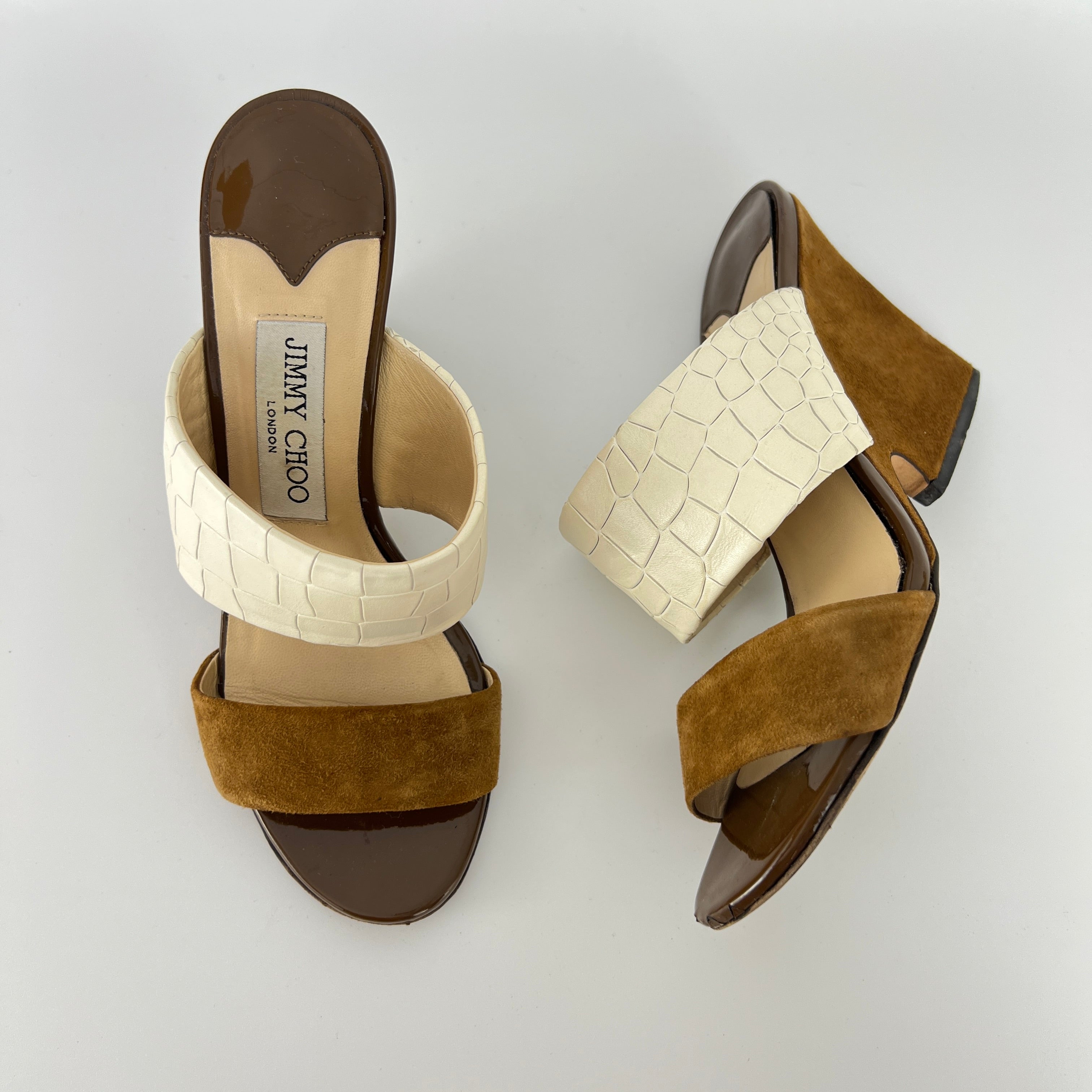 Jimmy Choo | White Croc Embossed Brown Suede Leather Wedge Sandal Heels (36)