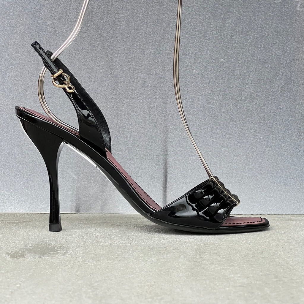 Louis Vuitton | Black Patent Leather Metal Logo Plate Strappy Slingback Heels (36)