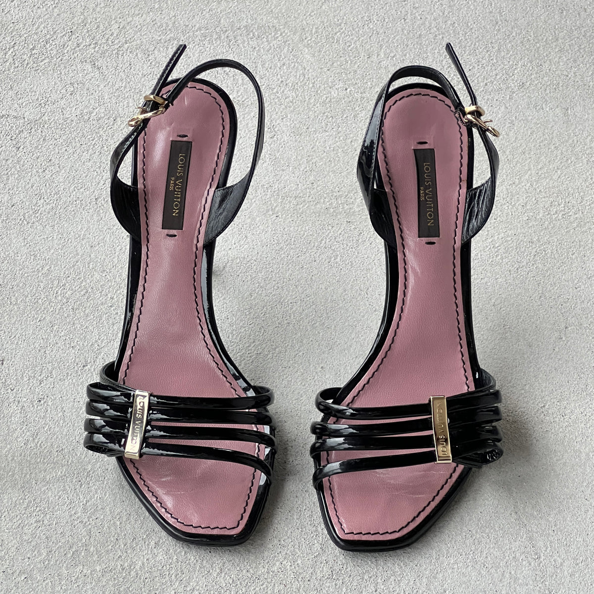 Louis Vuitton | Black Patent Leather Metal Logo Plate Strappy Slingback Heels (36)