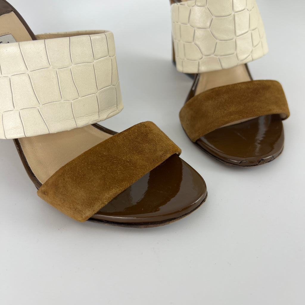 Jimmy Choo | White Croc Embossed Brown Suede Leather Wedge Sandal Heels (36)
