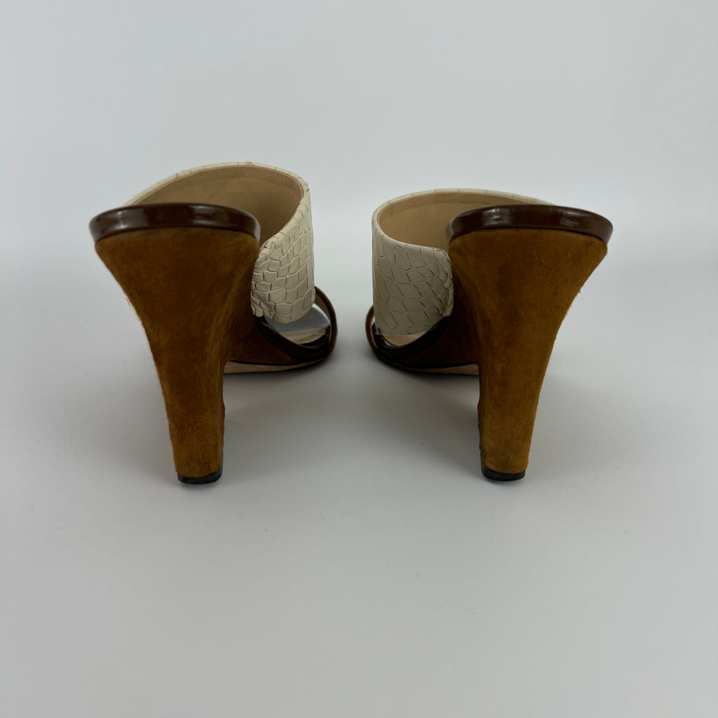 Jimmy Choo | White Croc Embossed Brown Suede Leather Wedge Sandal Heels (36)