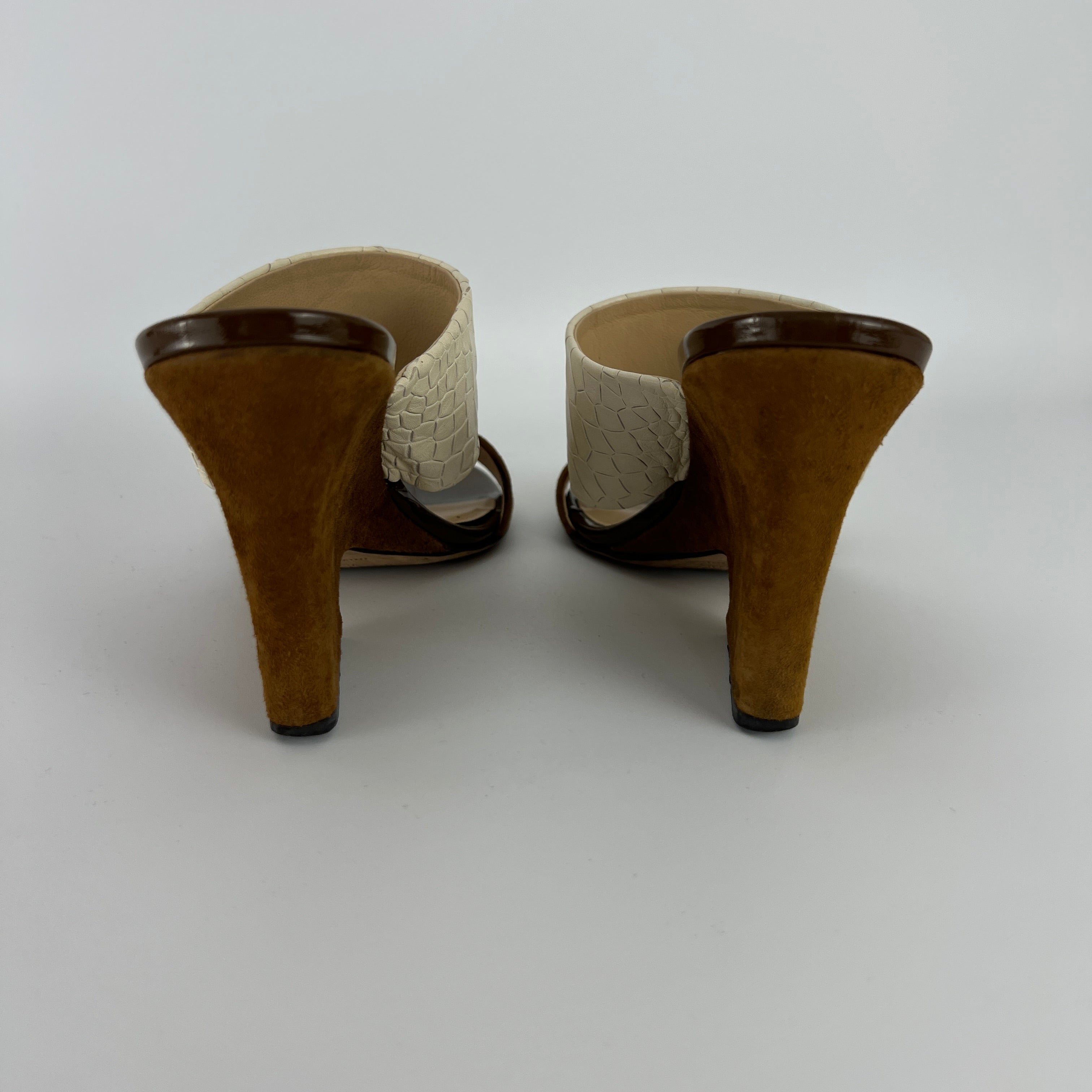 Jimmy Choo | White Croc Embossed Brown Suede Leather Wedge Sandal Heels (36)