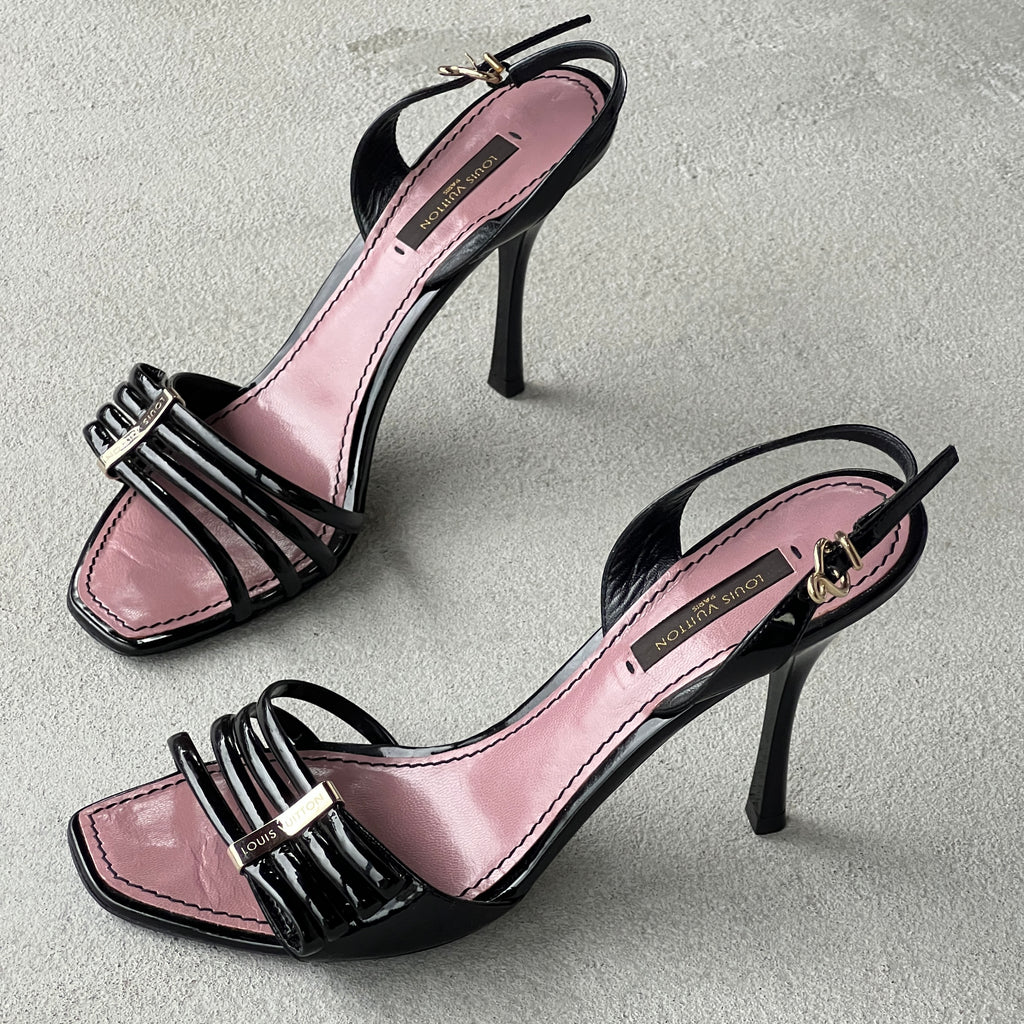 Louis Vuitton | Black Patent Leather Metal Logo Plate Strappy Slingback Heels (36)