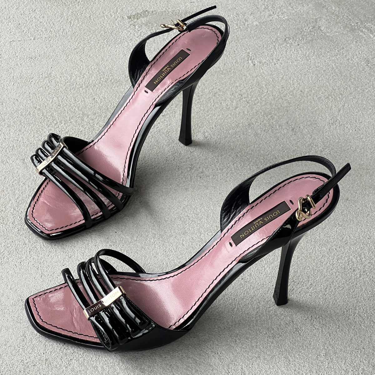 Louis Vuitton | Black Patent Leather Metal Logo Plate Strappy Slingback Heels (36)