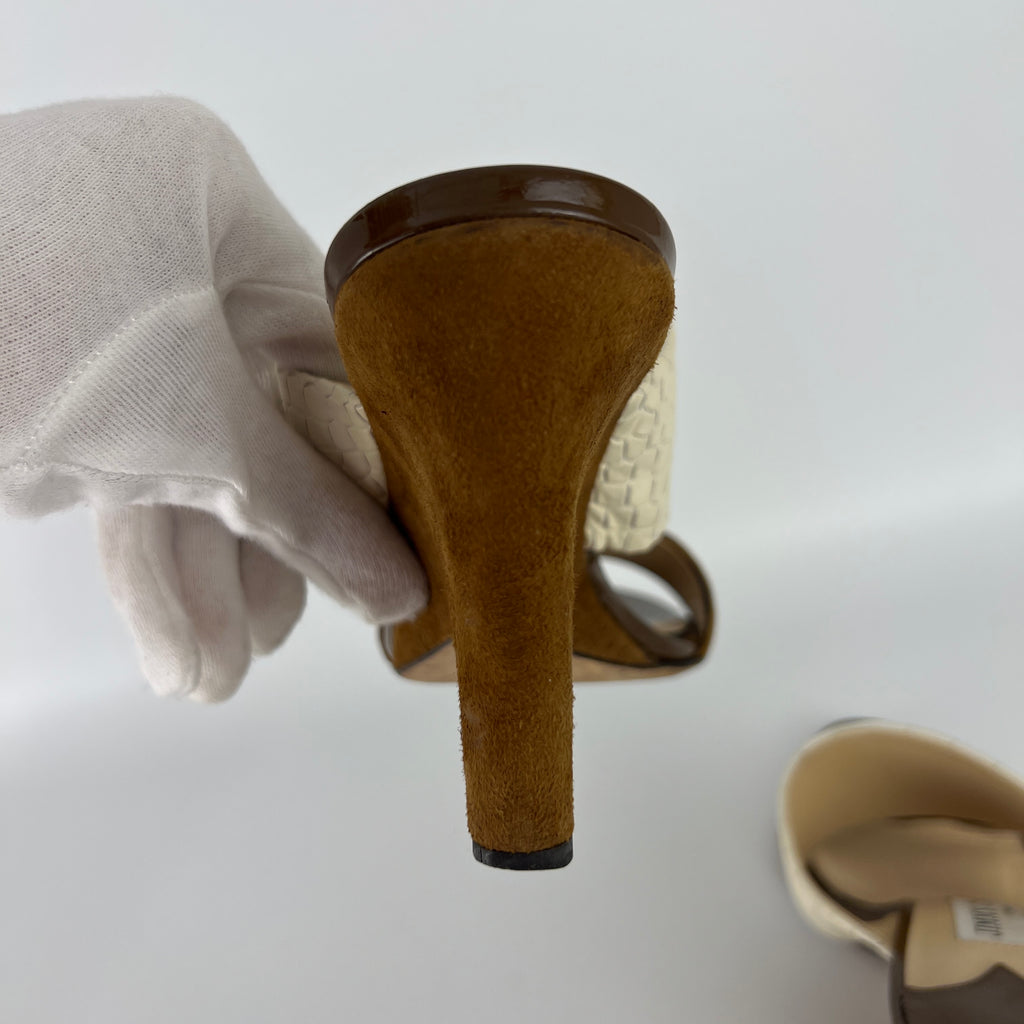 Jimmy Choo | White Croc Embossed Brown Suede Leather Wedge Sandal Heels (36)