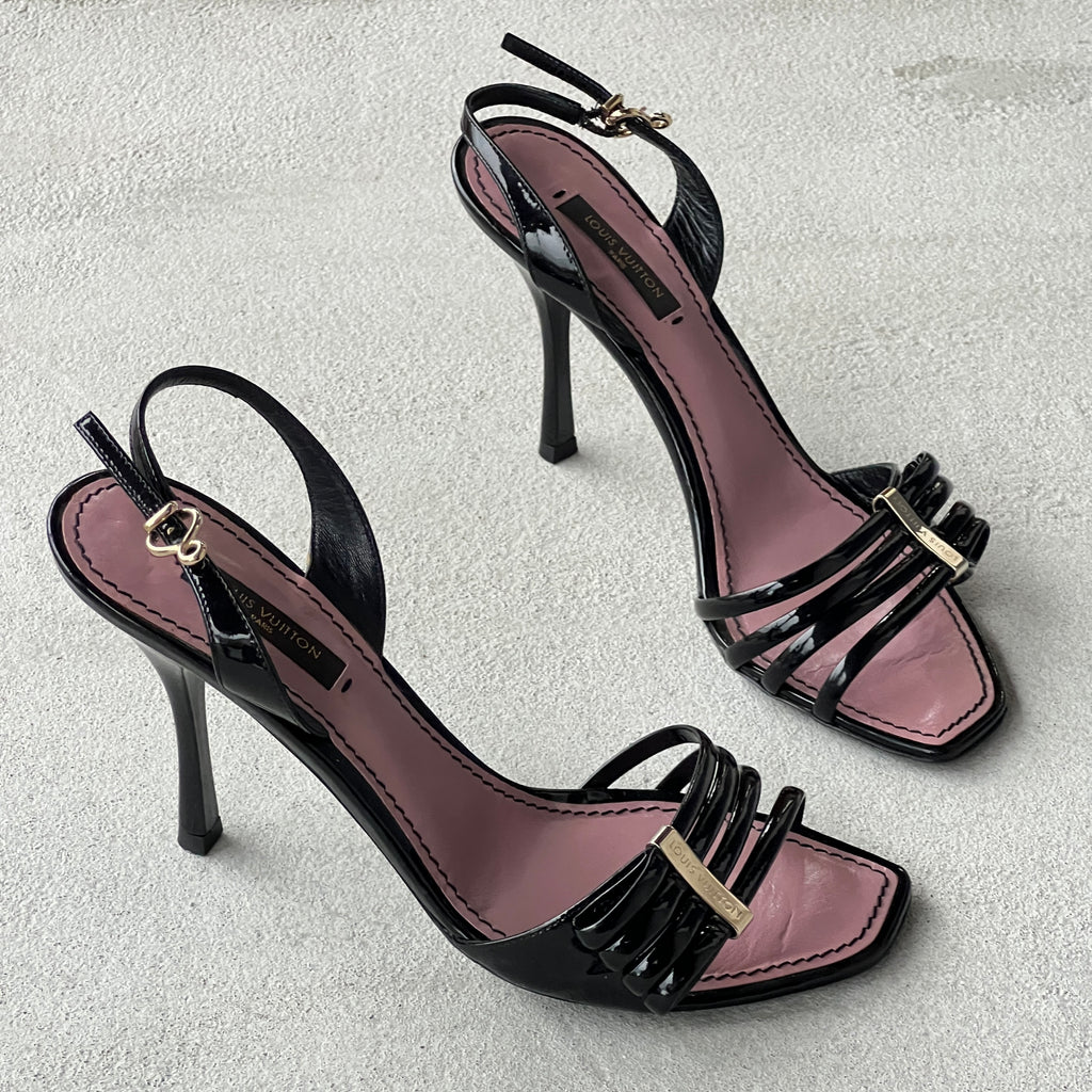 Louis Vuitton | Black Patent Leather Metal Logo Plate Strappy Slingback Heels (36)