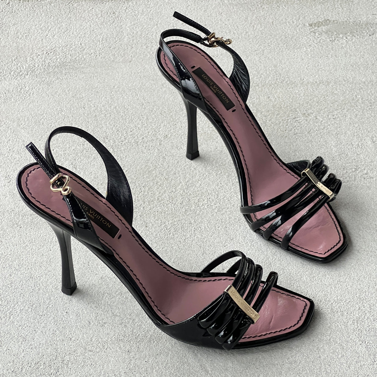 Louis Vuitton | Black Patent Leather Metal Logo Plate Strappy Slingback Heels (36)