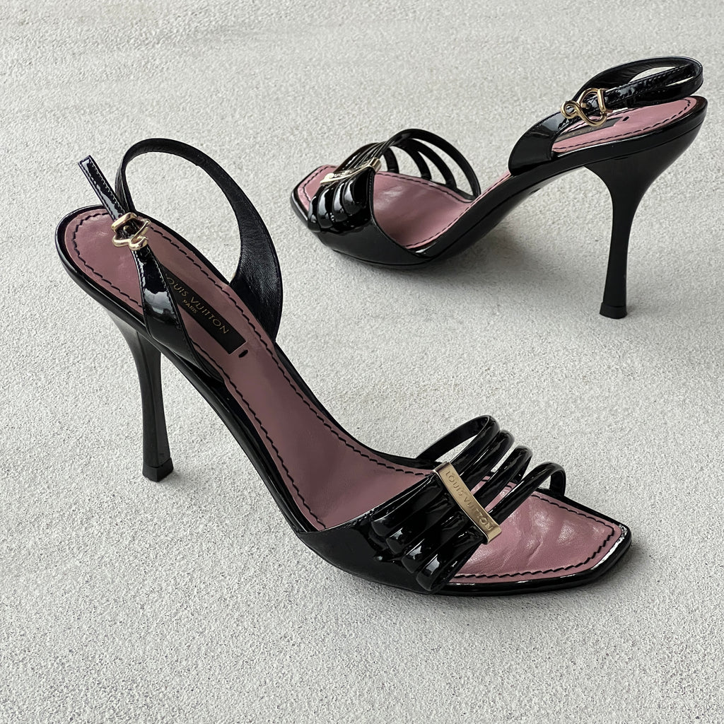 Louis Vuitton | Black Patent Leather Metal Logo Plate Strappy Slingback Heels (36)