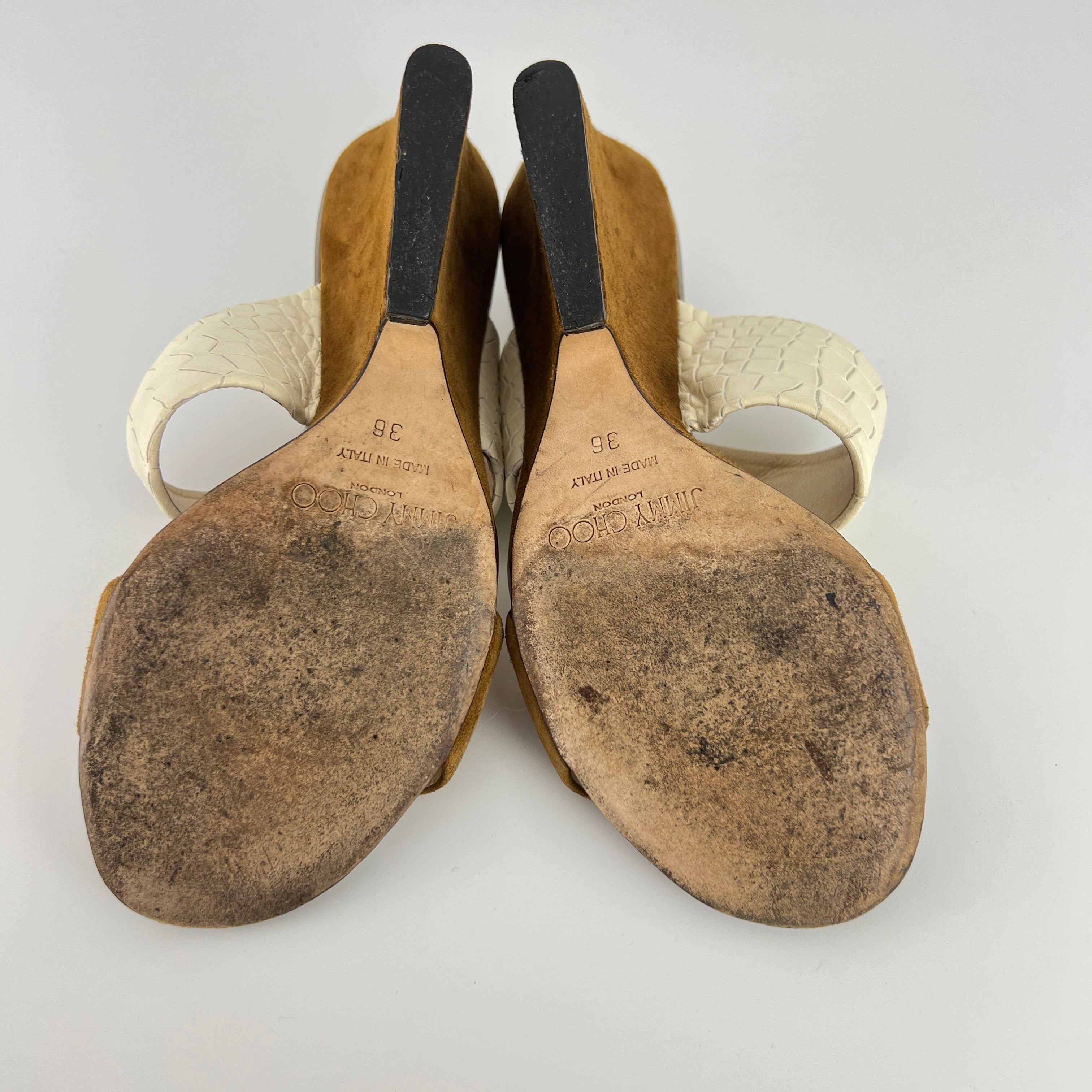 Jimmy Choo | White Croc Embossed Brown Suede Leather Wedge Sandal Heels (36)