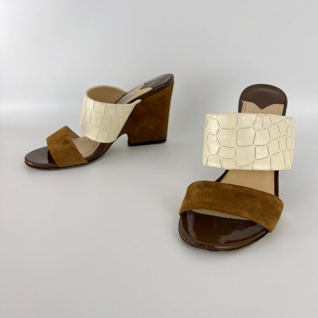 Jimmy Choo | White Croc Embossed Brown Suede Leather Wedge Sandal Heels (36)