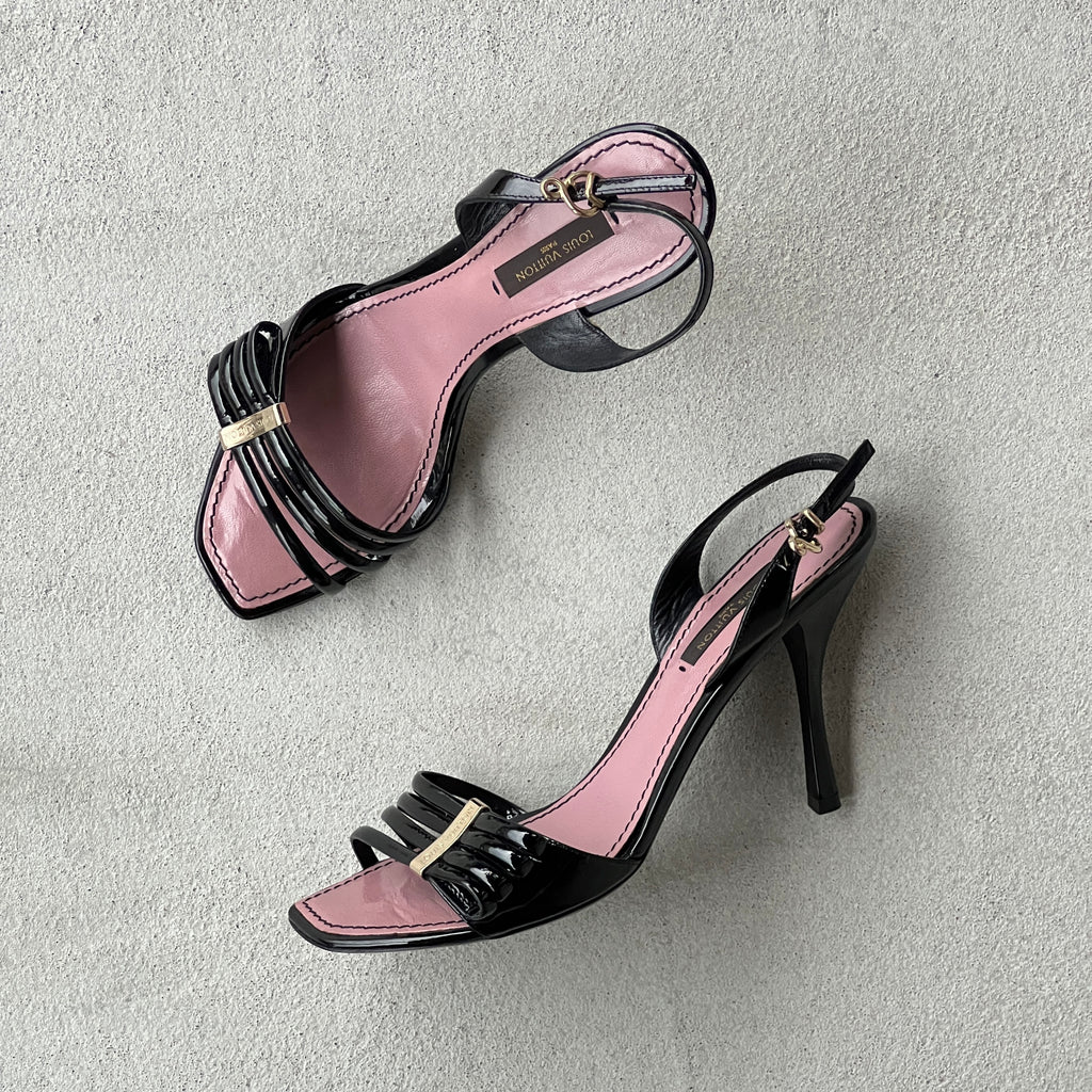 Louis Vuitton | Black Patent Leather Metal Logo Plate Strappy Slingback Heels (36)
